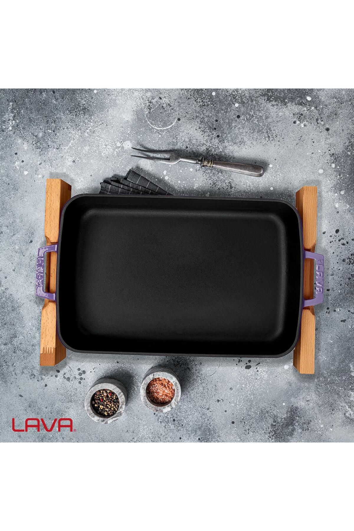 Lava-Double Handle Cast Iron Solid - Rectangular Rosto and Baking Tray, Beech Serving Wood 7
