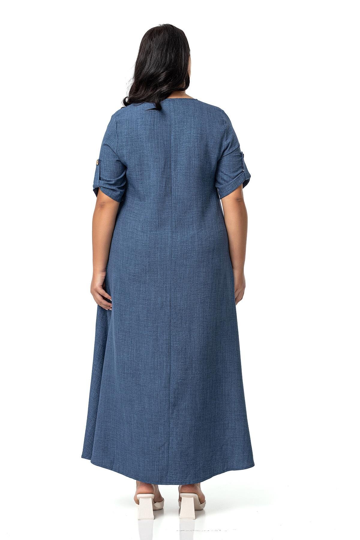 DISENTIS MODEST-Μακρύ Indigo φόρεμα με λεπτομέρεια με σκίσιμο - Plus Size, διπλωμένο και επωμίδα 3