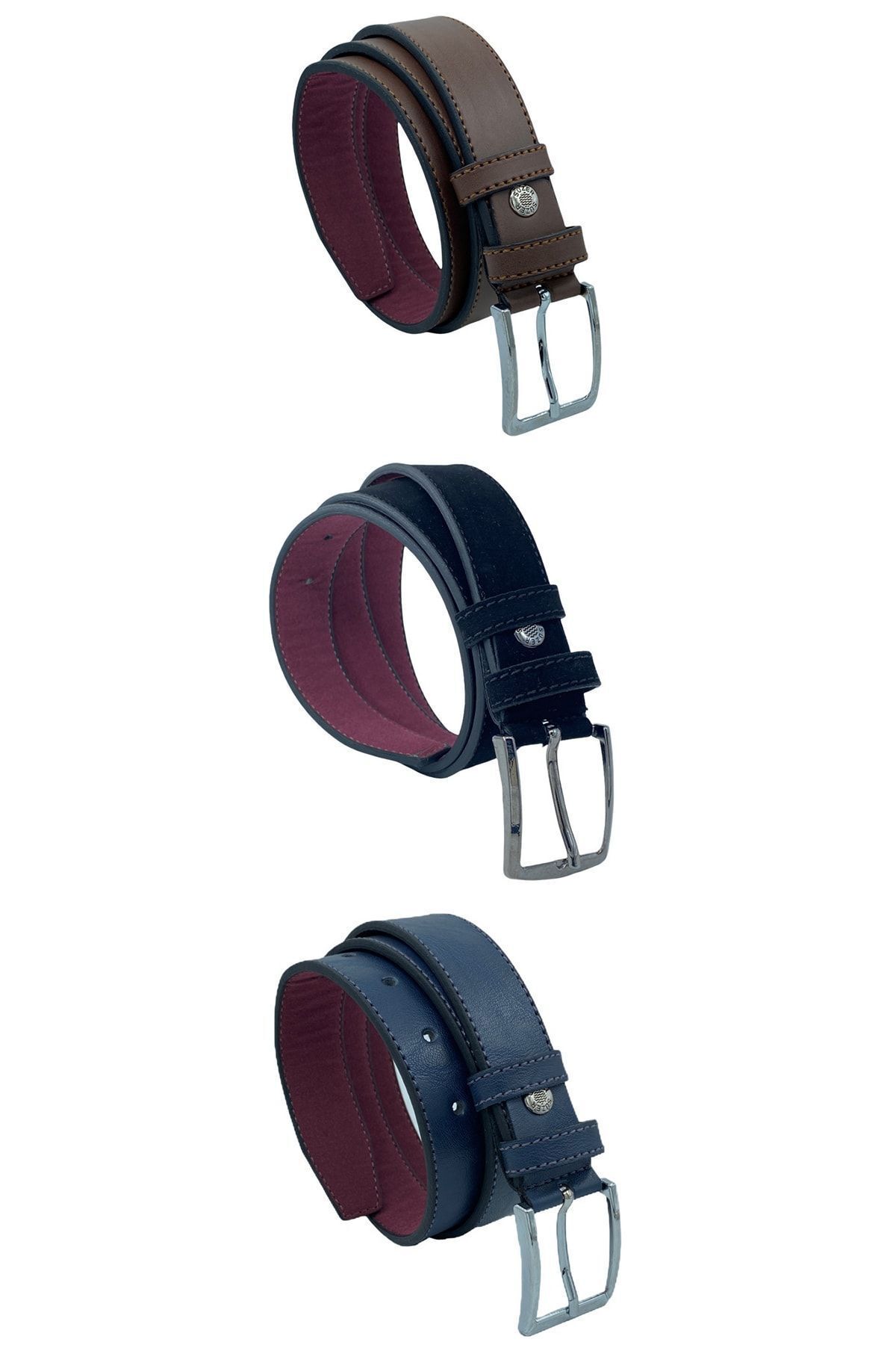 Süzer Deri-3 Pieces Black Navy Blue Brown 3 Cm Classic Faux Leather Children's Belt 2