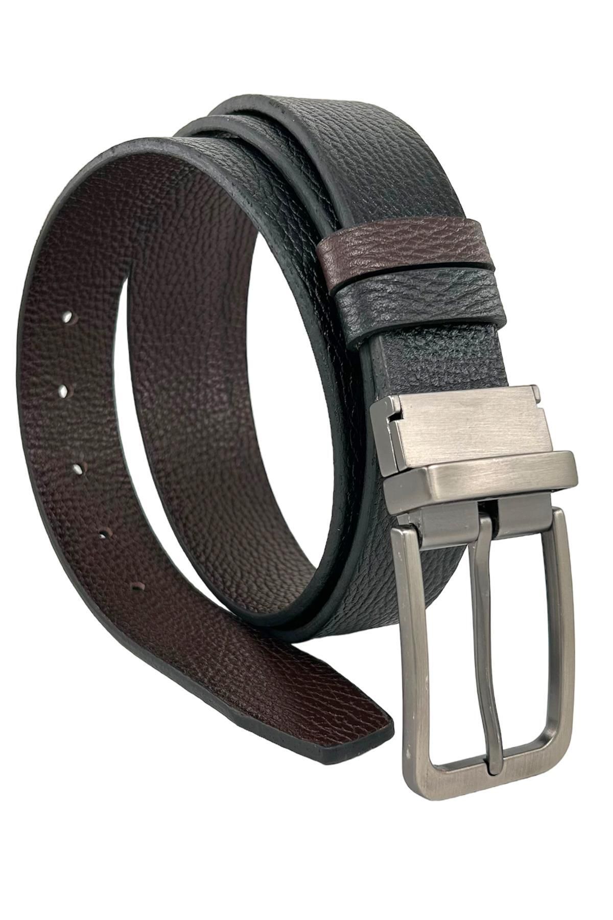 Süzer Deri-Brown Black Double Sided Genuine Leather 3.5 cm Classic Belt - 300-809 3