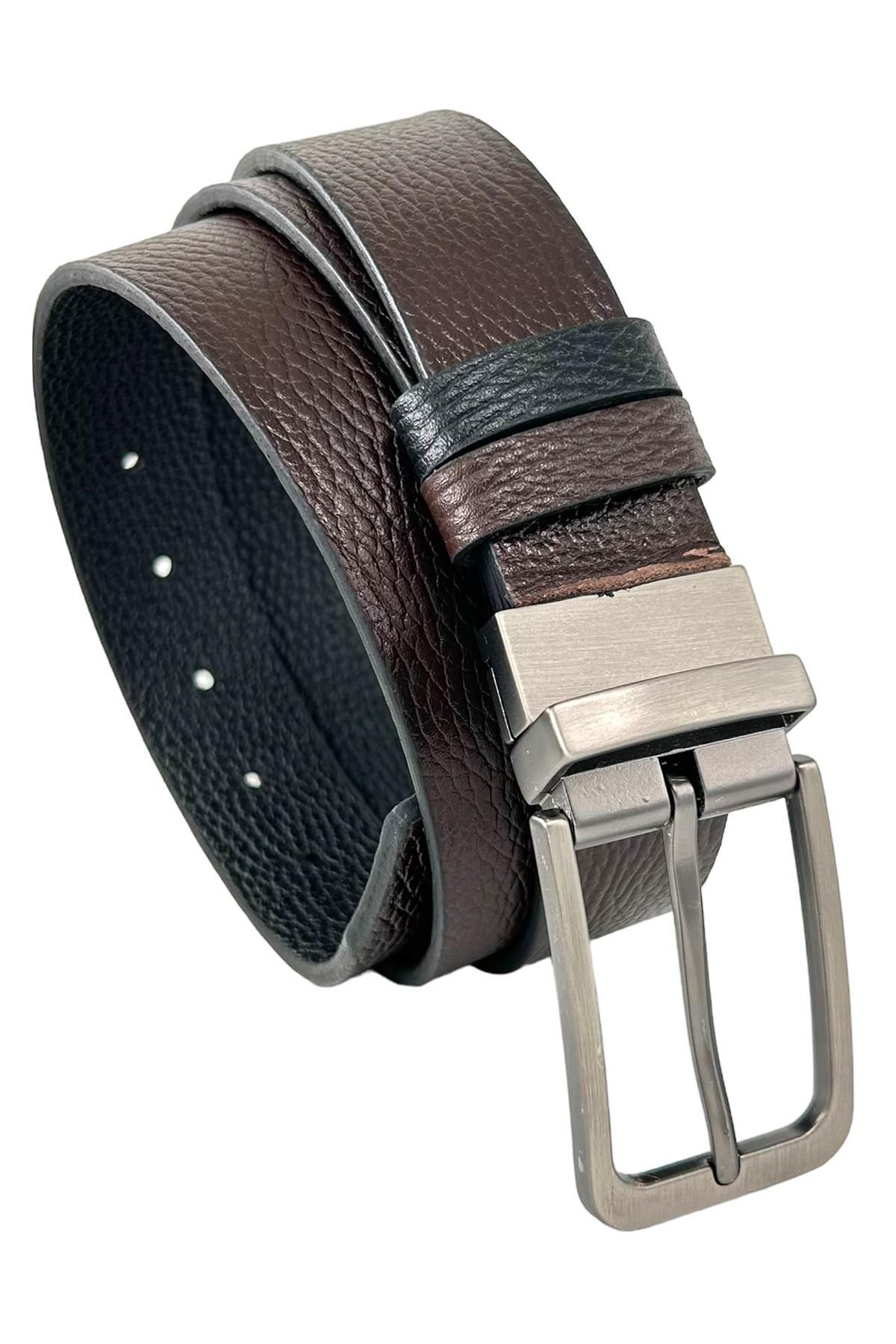 Süzer Deri-Brown Black Double Sided Genuine Leather 3.5 cm Classic Belt - 300-809 2