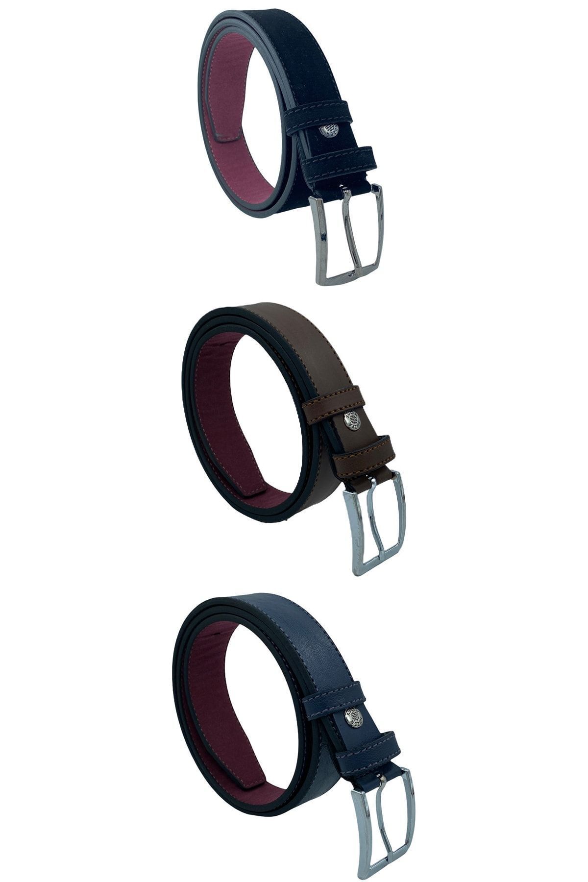 Süzer Deri-3 Pieces Black Navy Blue Brown 3 Cm Classic Faux Leather Children's Belt 3