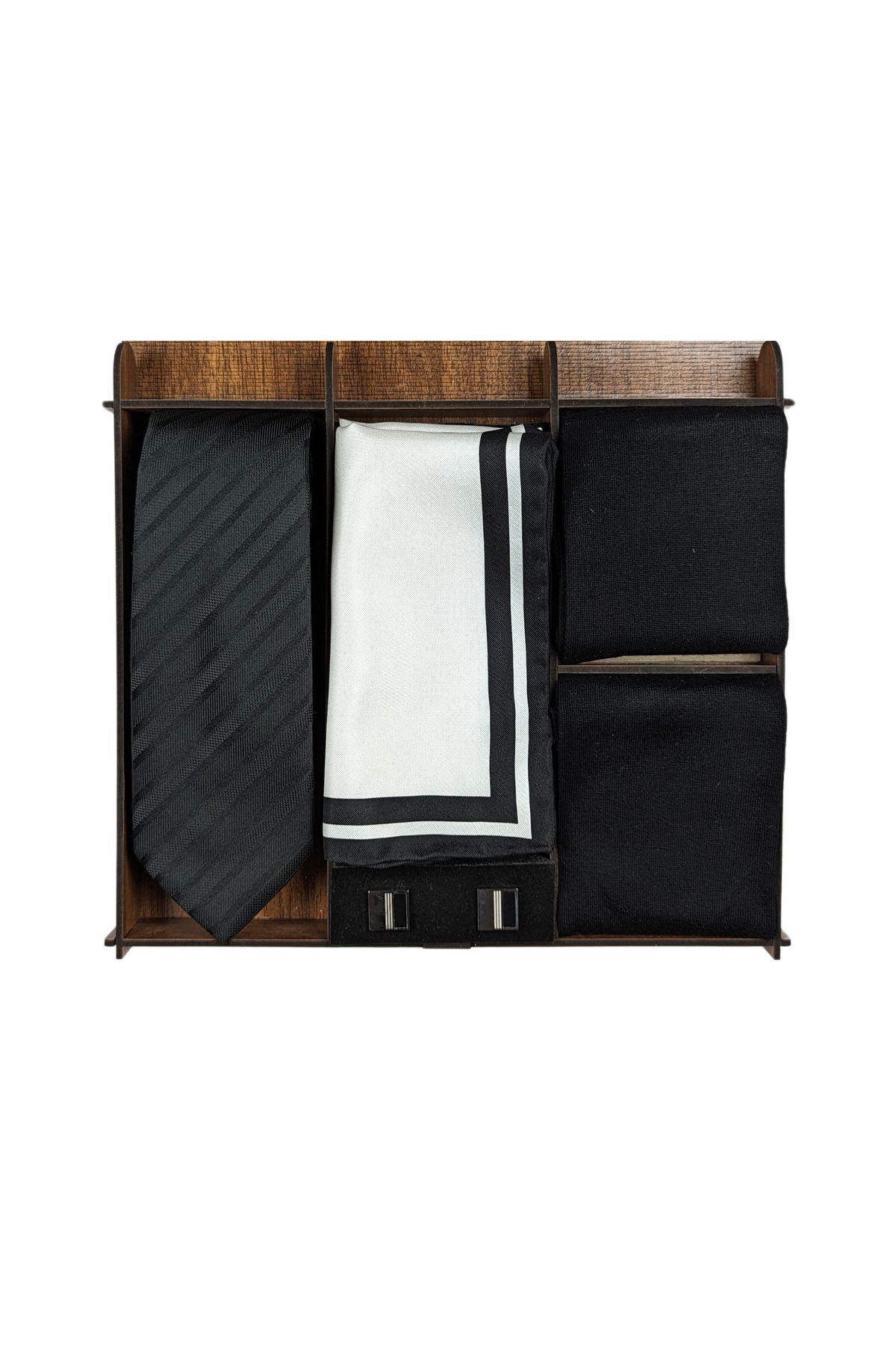  ست هدیه مردانه با کراوات ابریشمی، پوشت ابریشمی، دکمه سردست فلزی و جوراب بامبو