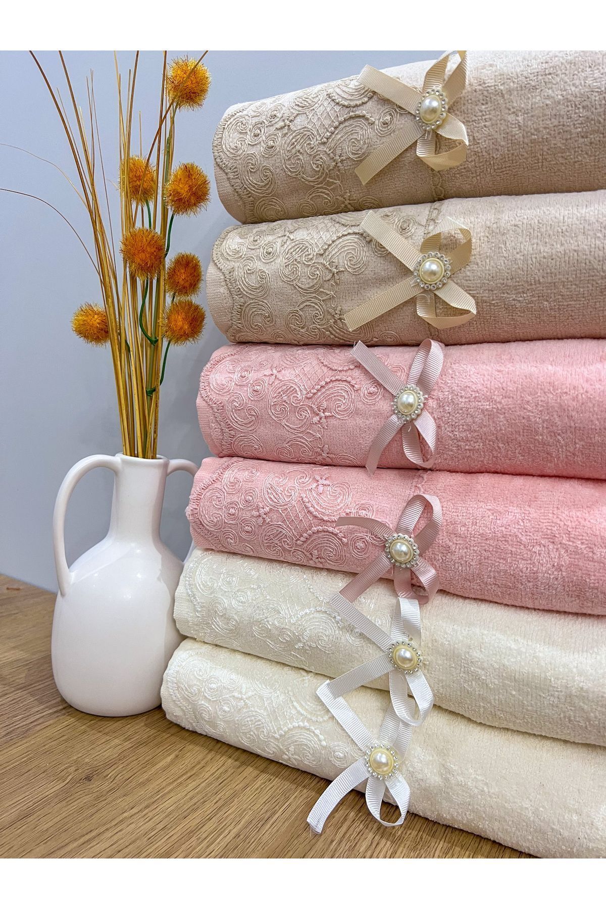 AYHANHOME Zestre De Lux - Prosoape De Față Brodate Guipură Și Fundă 50x90 Set De 6 - One Size