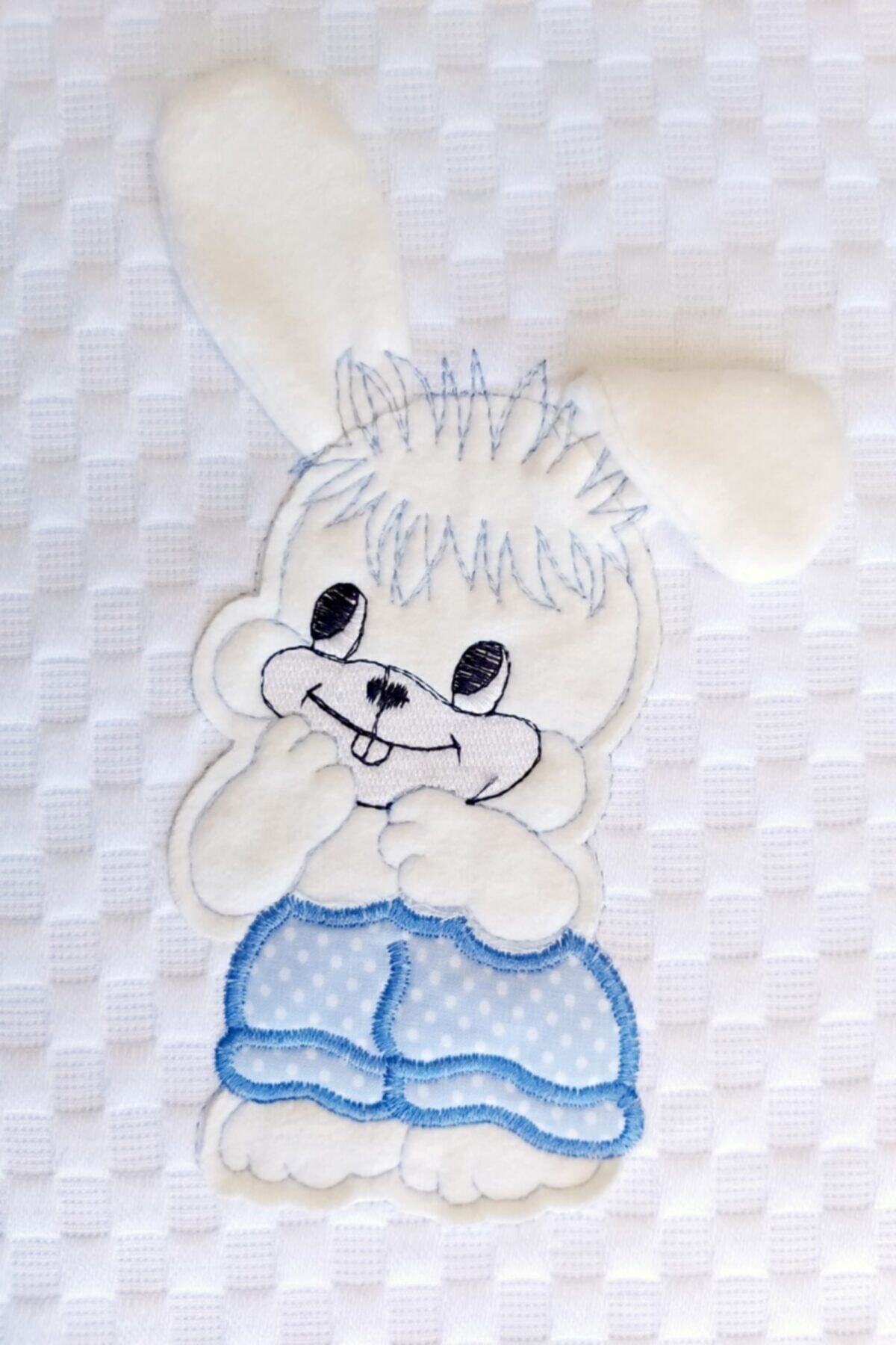 mellowbabystore %100 Pamuk Mavi Tavşan Desenli Bebek Pike Takımı fotoğrafı 2 (önizleme)