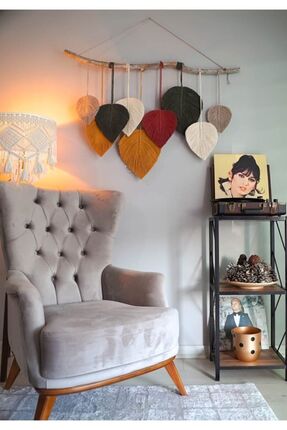 NinaStore 9 Yapraklı Kırmızı-yeşil Makrome Duvar Süsü Duvar Aksesuarı