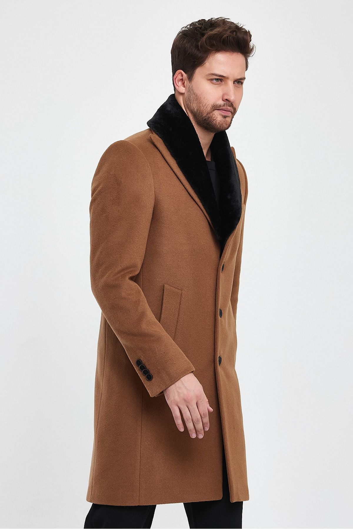Plus Ninety-Above Knee Length Men's Coat with Detachable Collar and Fur and Wool Blend Buttons 7