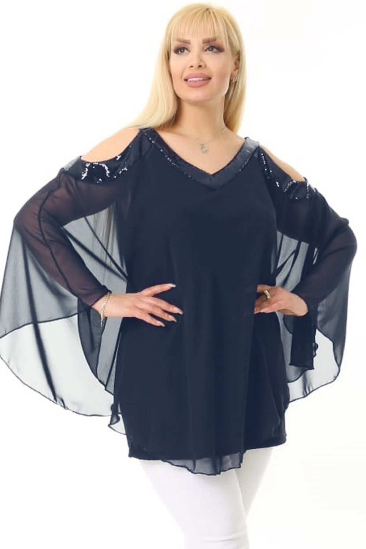 Kheos-Cool and Stylish Tulle Chiffon Blouse with V-Neck, Off-the-Shoulder and Sequin Sequin Lining on the Shoulder and Collar 5