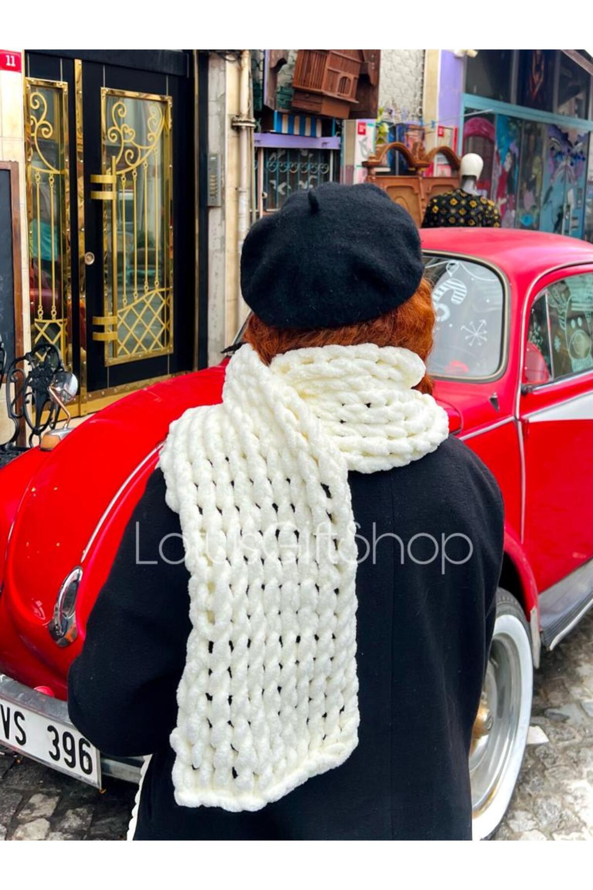 EL YAPIMI Puffy Krem Burgu Atkı, Termal Peluş Atkı görsel 4