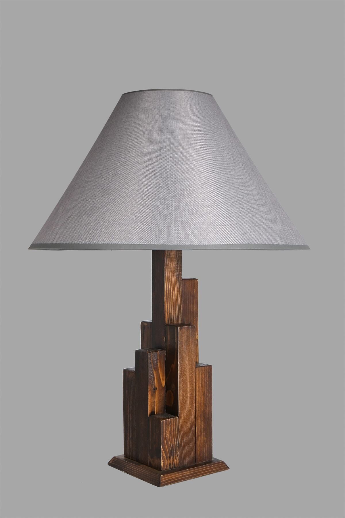 Lumexx-Gray Pyramid Wicker Tower Walnut Wooden Table Lamp - With Lampshade 3