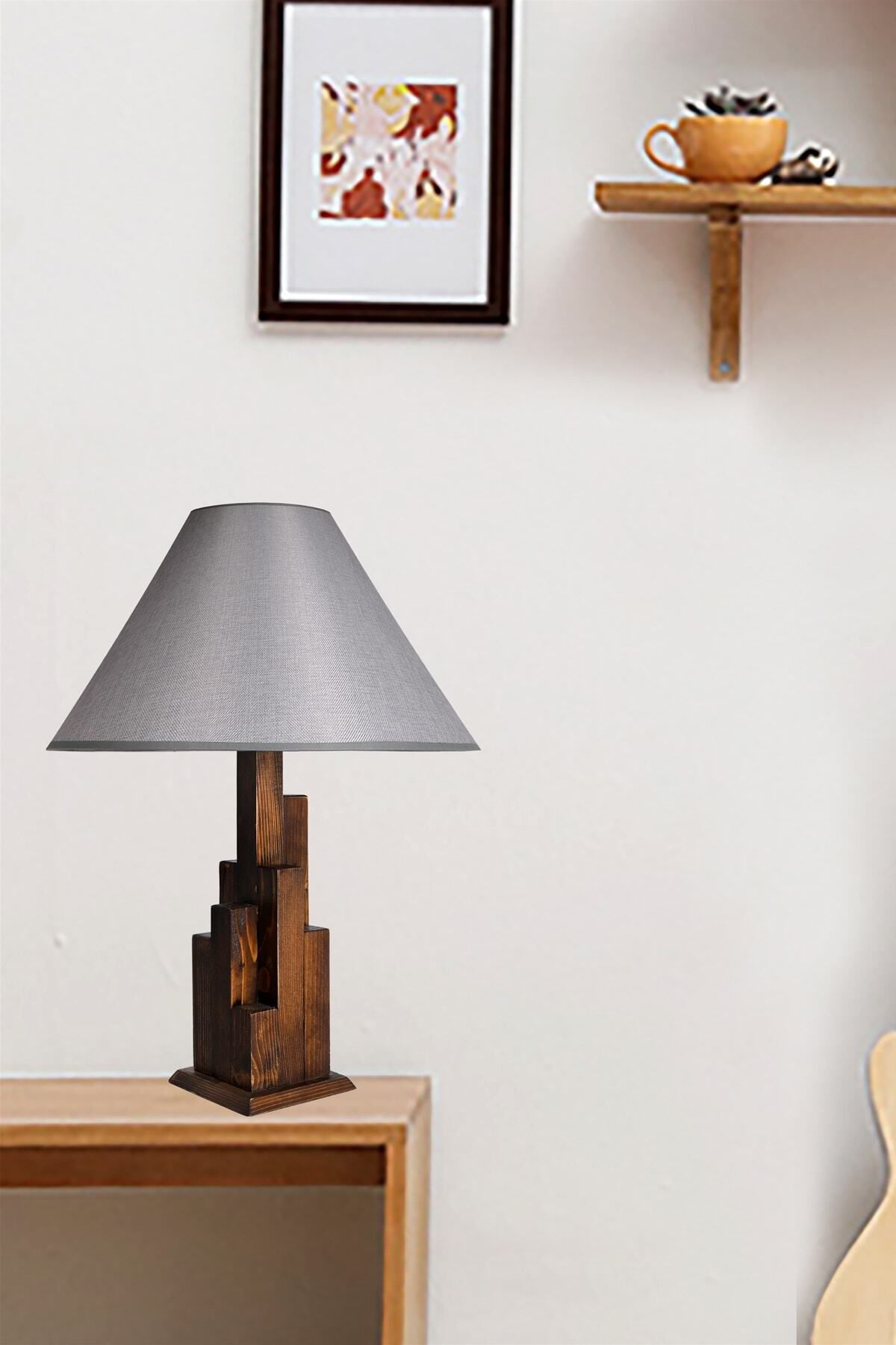 Lumexx-Gray Pyramid Wicker Tower Walnut Wooden Table Lamp - With Lampshade 1