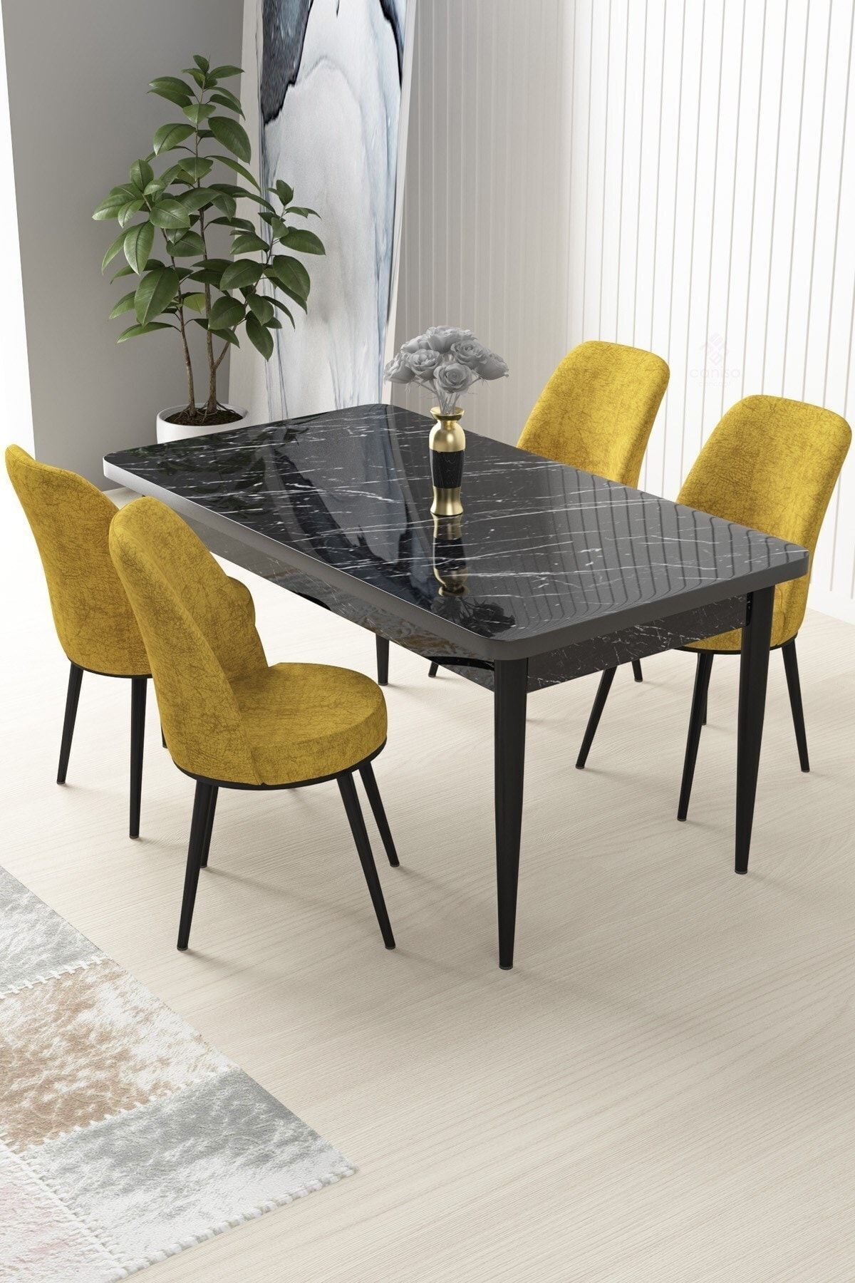 Nile Series 70x110 Fixed Kitchen Table Set Black Marble Pattern Table 4 Cappuccino Chairs