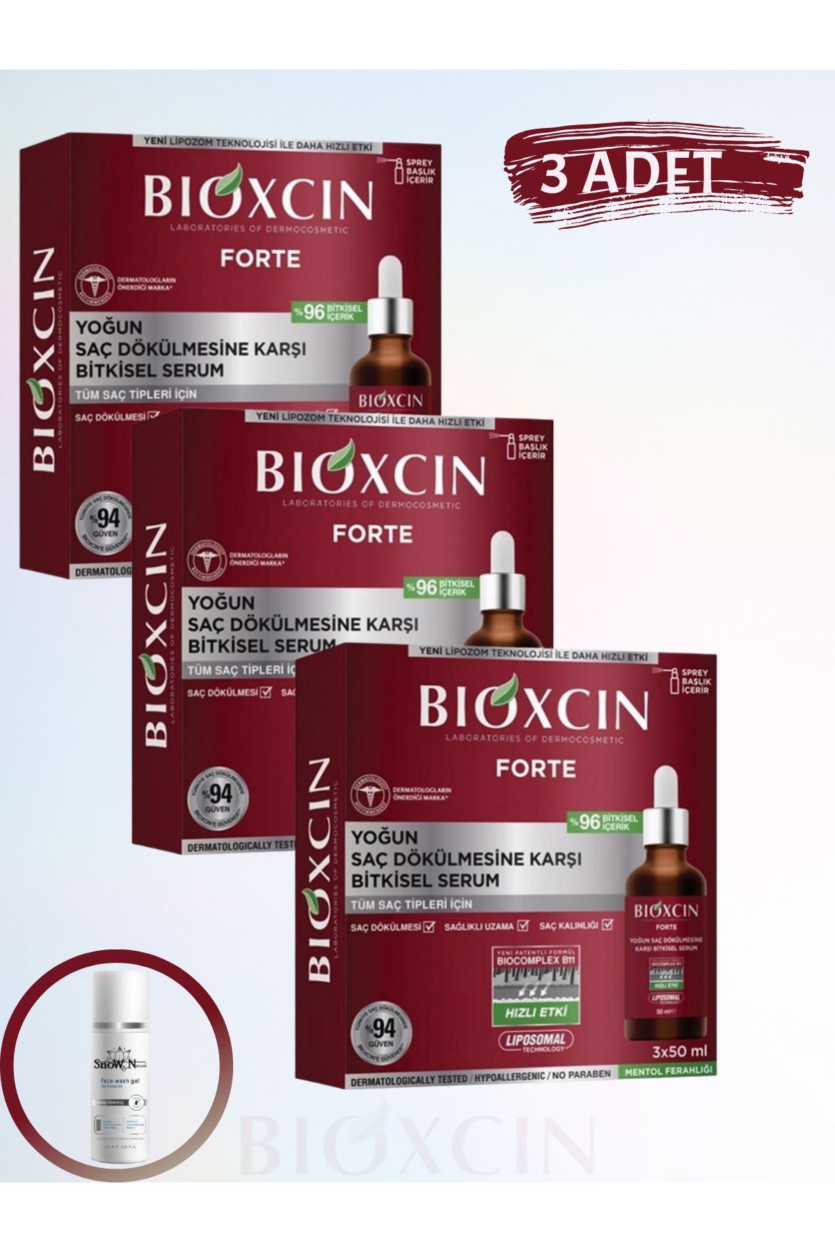 سرم فورته 3x50 میلی لیتر سرم گیاهی فشرده ضد ریزش مو (3 عدد) + (1 عدد) ژل پاک کننده صورت Bioxcin