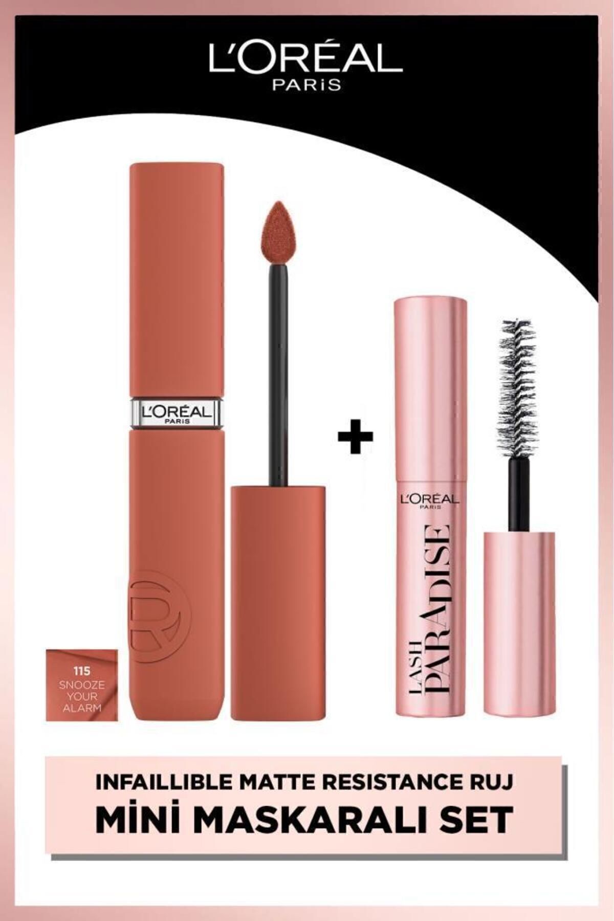 لوریل پاریس رژ لب مایع مات Infaillible Matte Resistance - 115 Snooze Your Alarm & Mini Paradise Mascara 4.7 ML