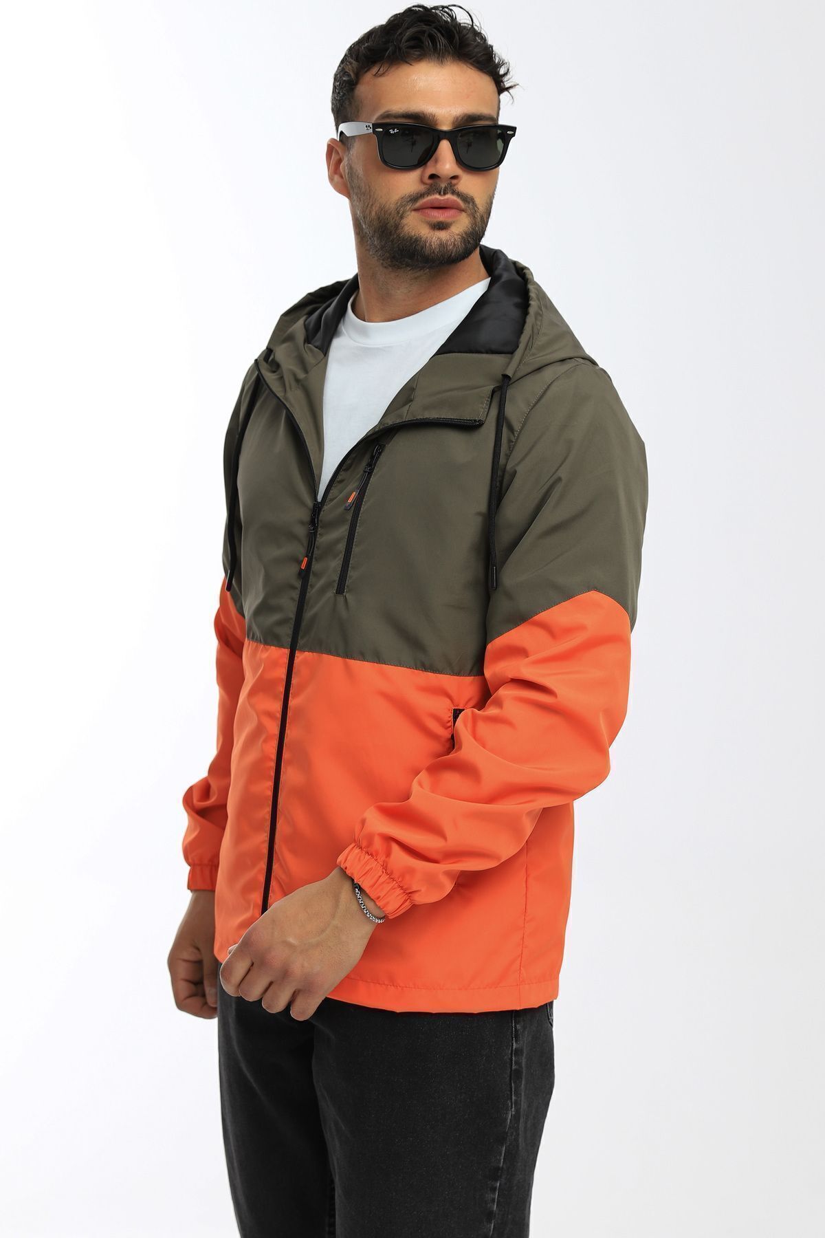 river green  Erkek Haki-turuncu Iki Renk Astarlı Suya Dayanıklı Kapüşonlu Cepli Yağmurluk-rüzgarlık - Görsel 5