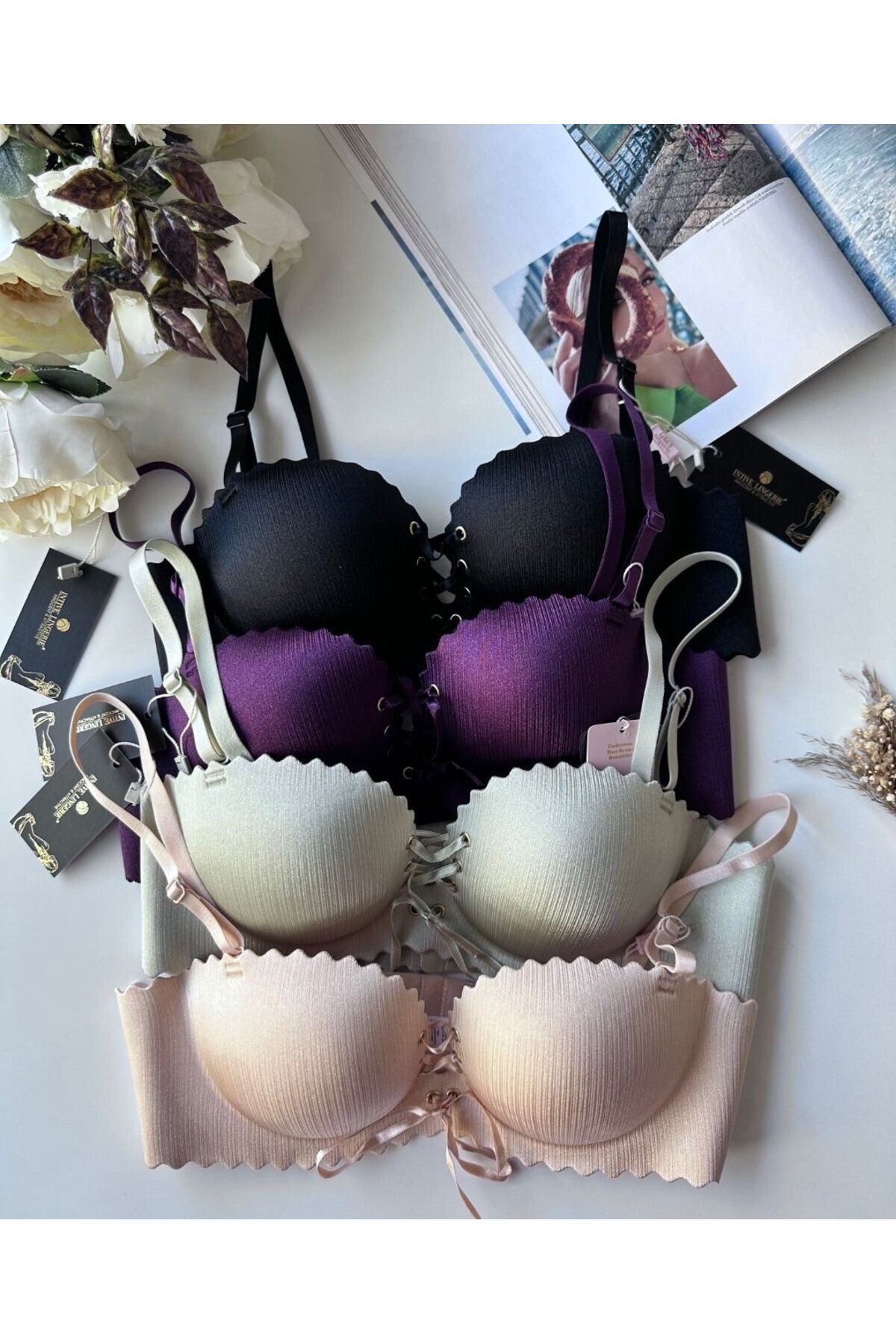 İntive Lingerie-Lady Laser Cut Front Tie Imported Push-up Maximizer Bra 7