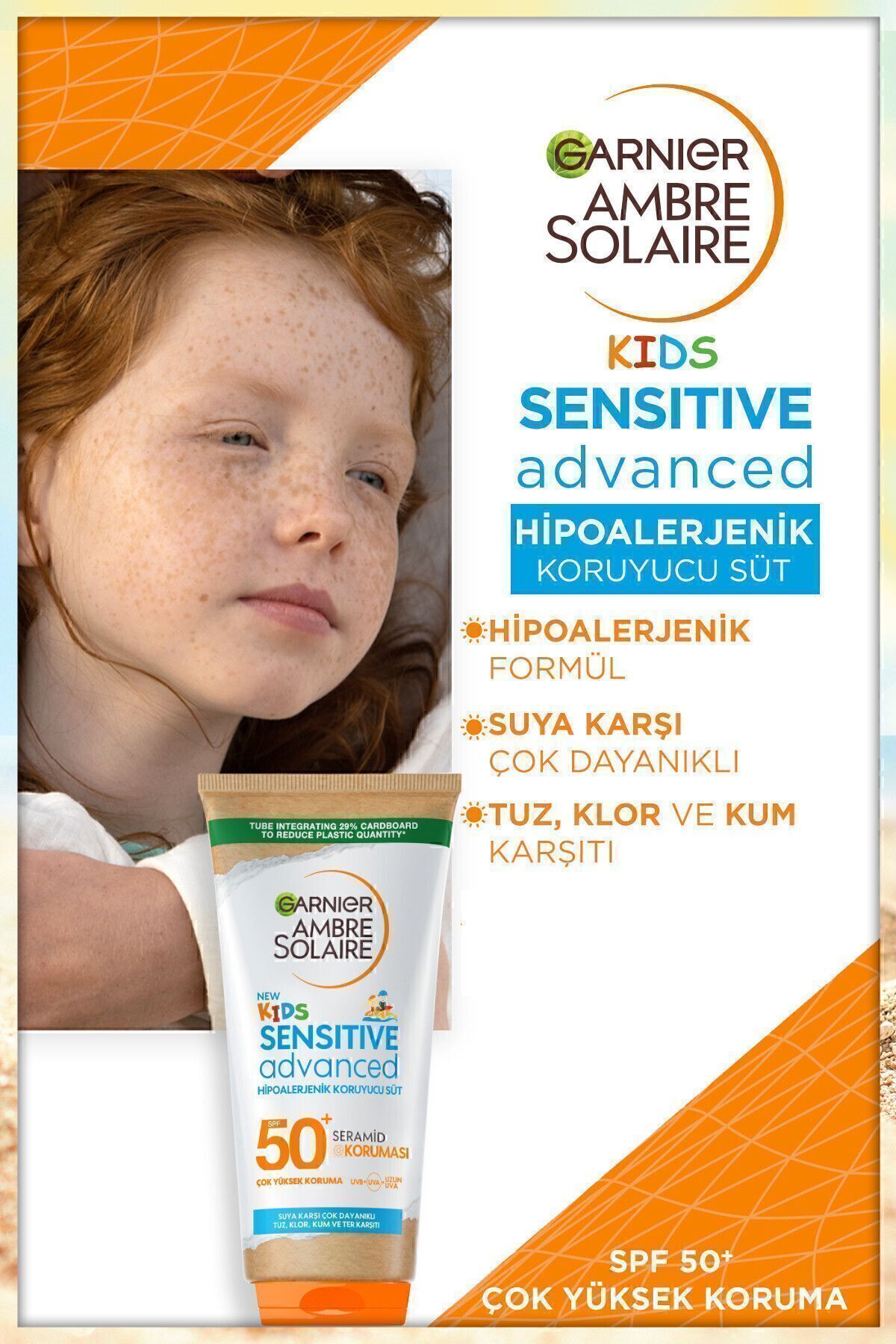 کرم ضد آفتاب کودک دخترانه و پسرانه بچگانه AMBRE SOLAIRE SENSITIVE ADVANCED HYPOALLERGENIC MILK SPF50+ 175ML Garnier