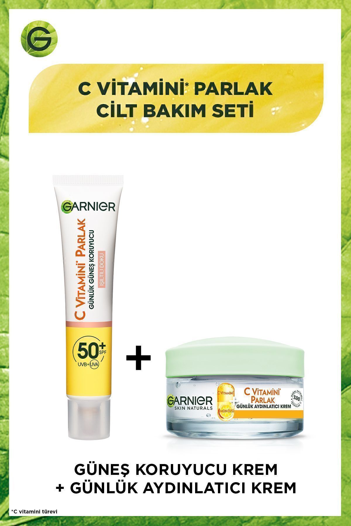 Garnier Parlak Güneş Yüz Kremi Işıltılı Doku + C Vitamin Serum (Niasinamid+Salisilik Asit)+Aydınlatıcı Krem