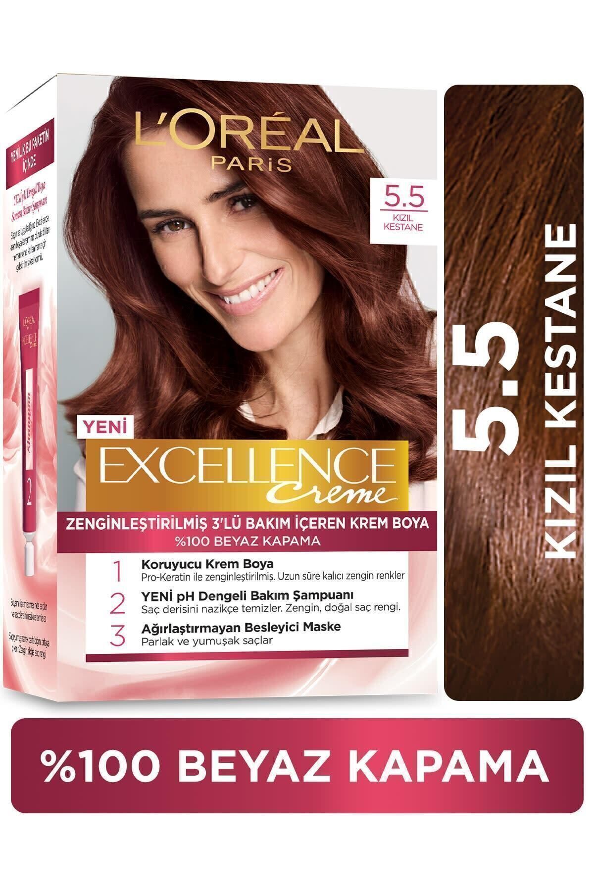 L'Oreal Paris رنگ مو کرم 100% پوشش موهای سفید Excellence رنگ شاه بلوطی قرمز شماره 5.5