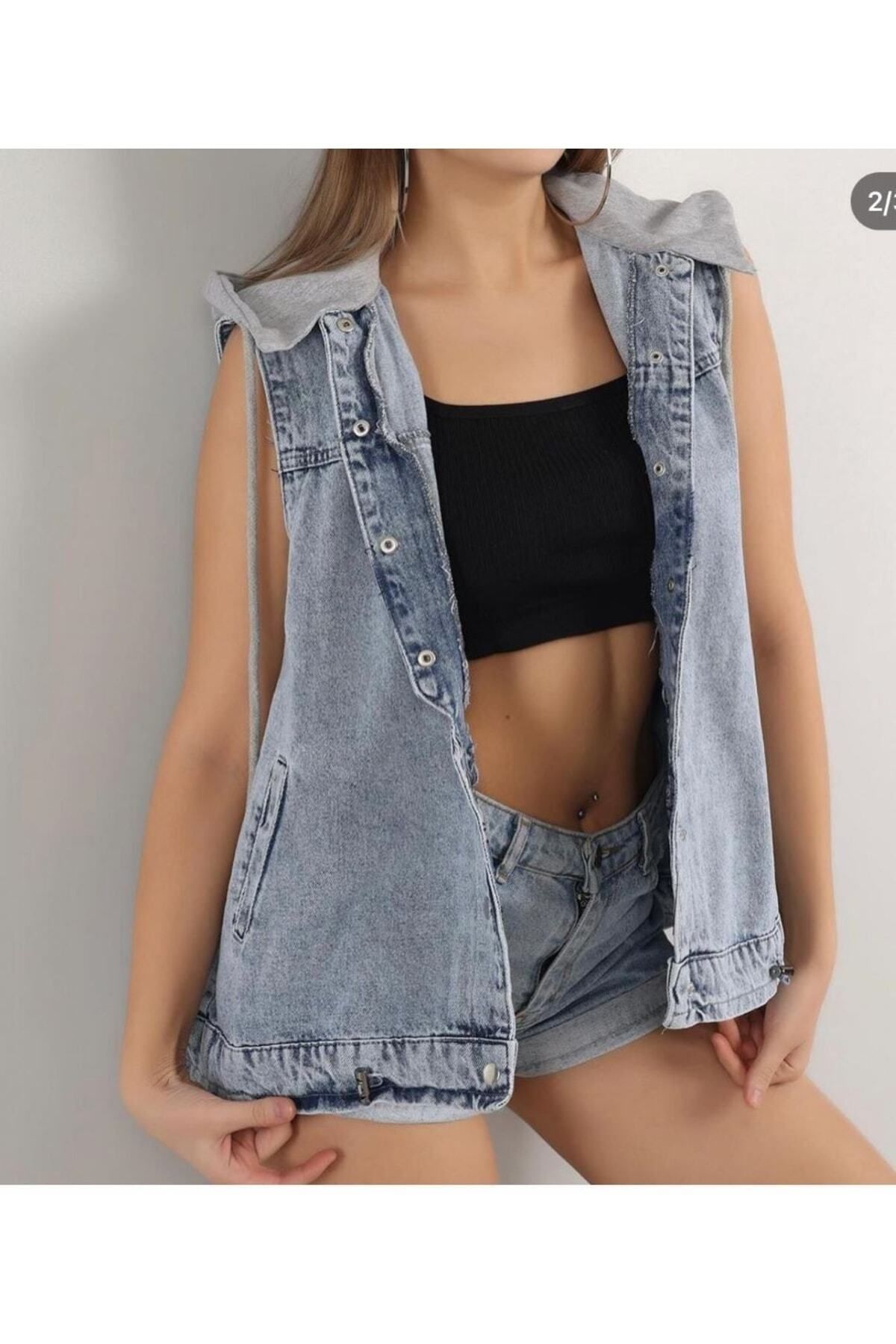 Hooded denim vest womens 2025