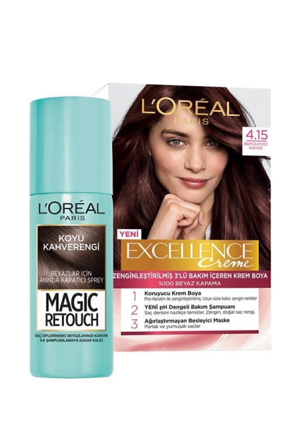 رنگ موی اکسلنس کرم 4.15 قهوه ای ترکی + اسپری روتوش مجیک قهوه ای تیره L'Oreal Paris