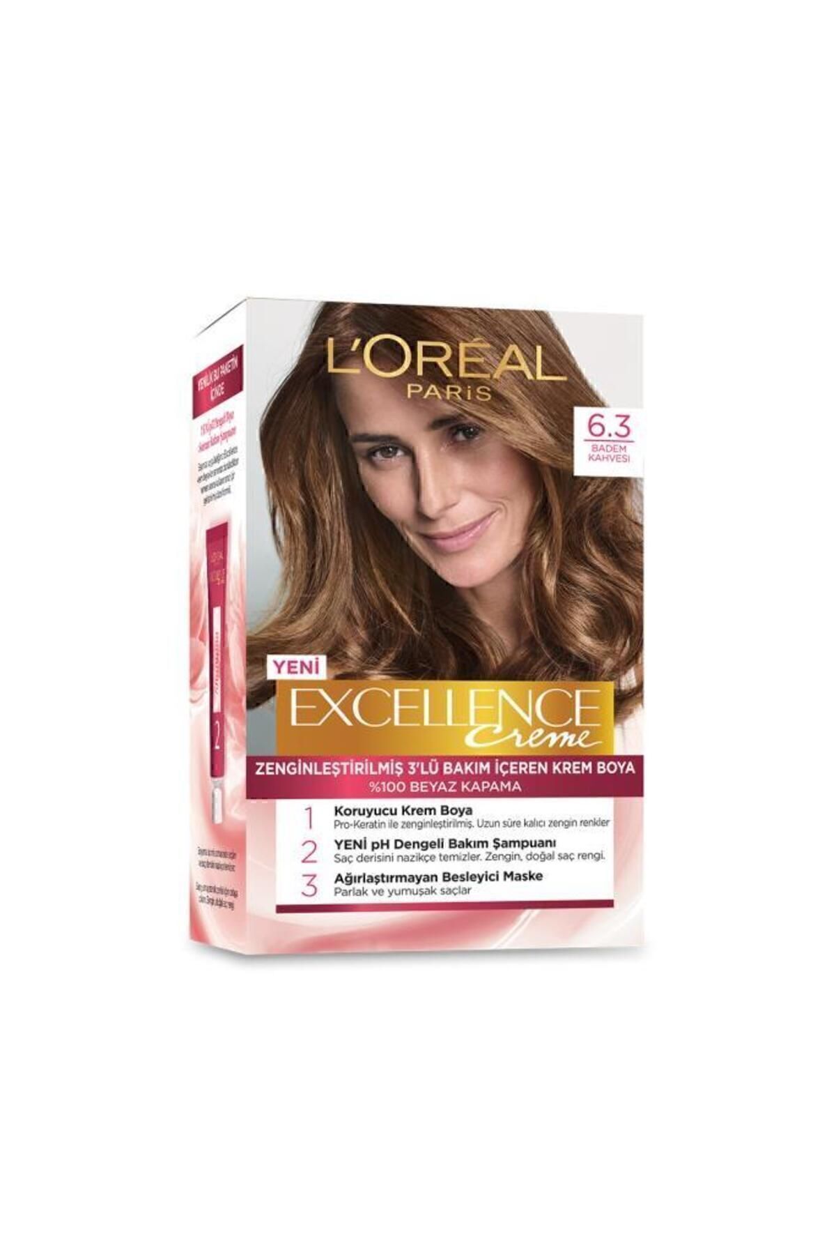 L'Oreal Paris رنگ مو کرم 100% پوشش موهای سفید Excellence رنگ قهوه ای بادامی شماره 6.3