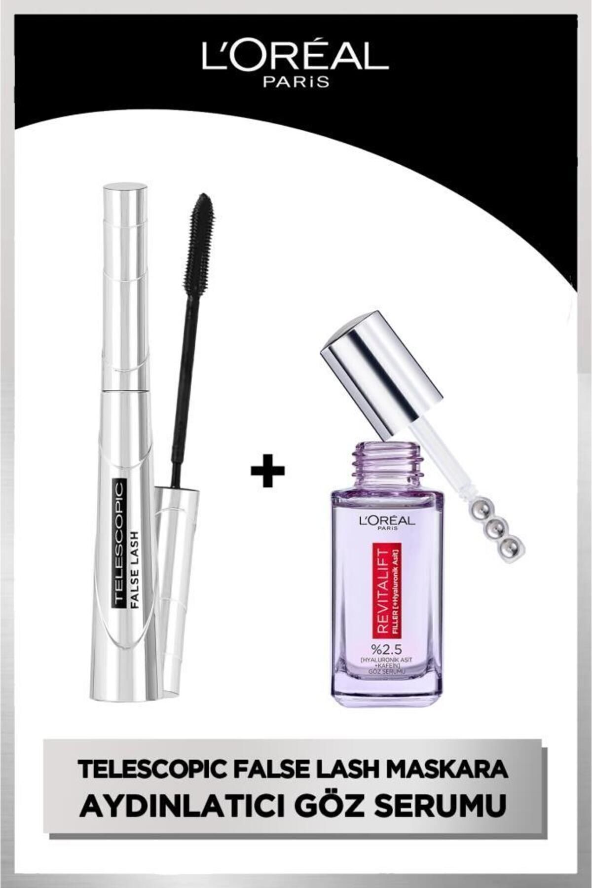 L'Oreal Paris False Lash Telescopic Fiber Maskara & Revitalift Filler Göz Çevresini Aydınlatıcı Göz Serumu 20ml