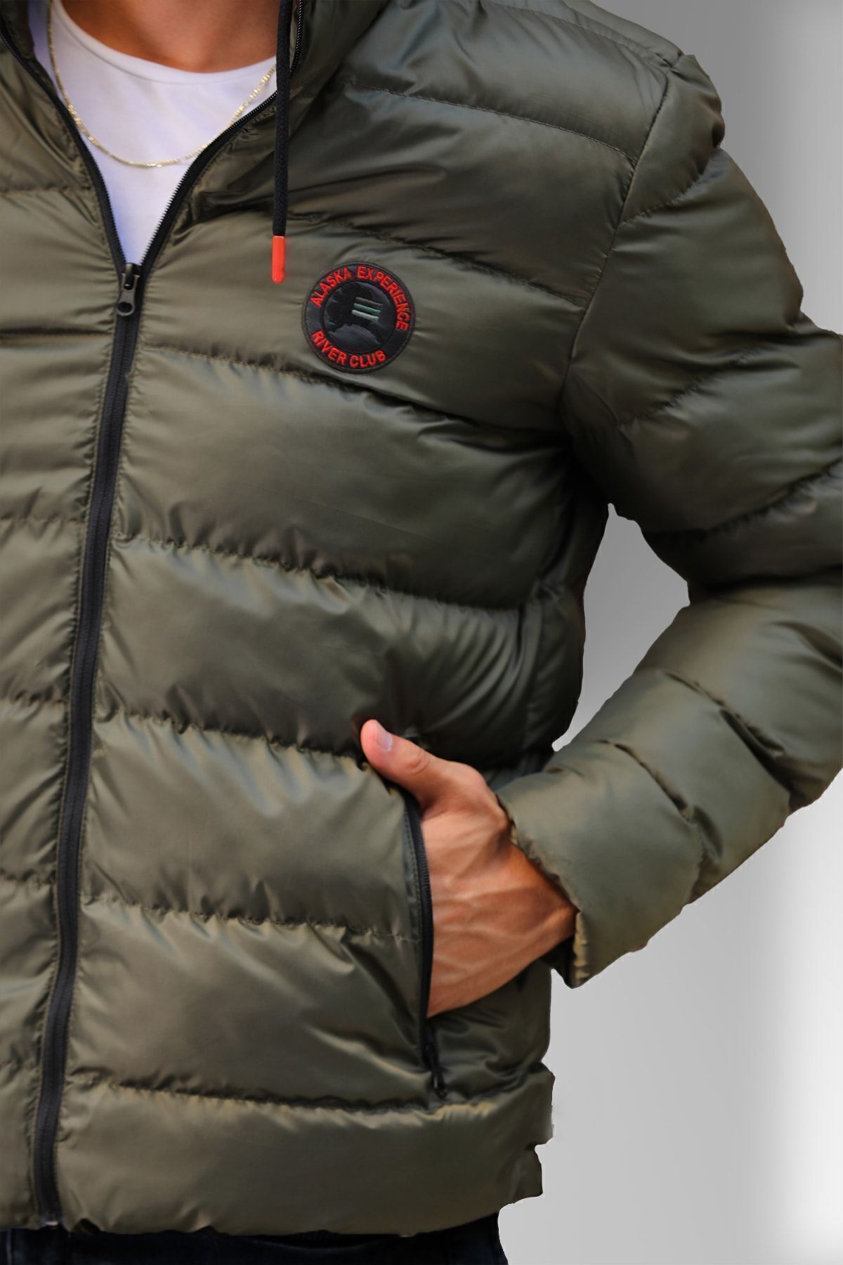 D1fference-Wasser- und winddichter aufblasbarer Winter-Sportmantel aus Khaki-Fleece für Herren mit Kapuze 3