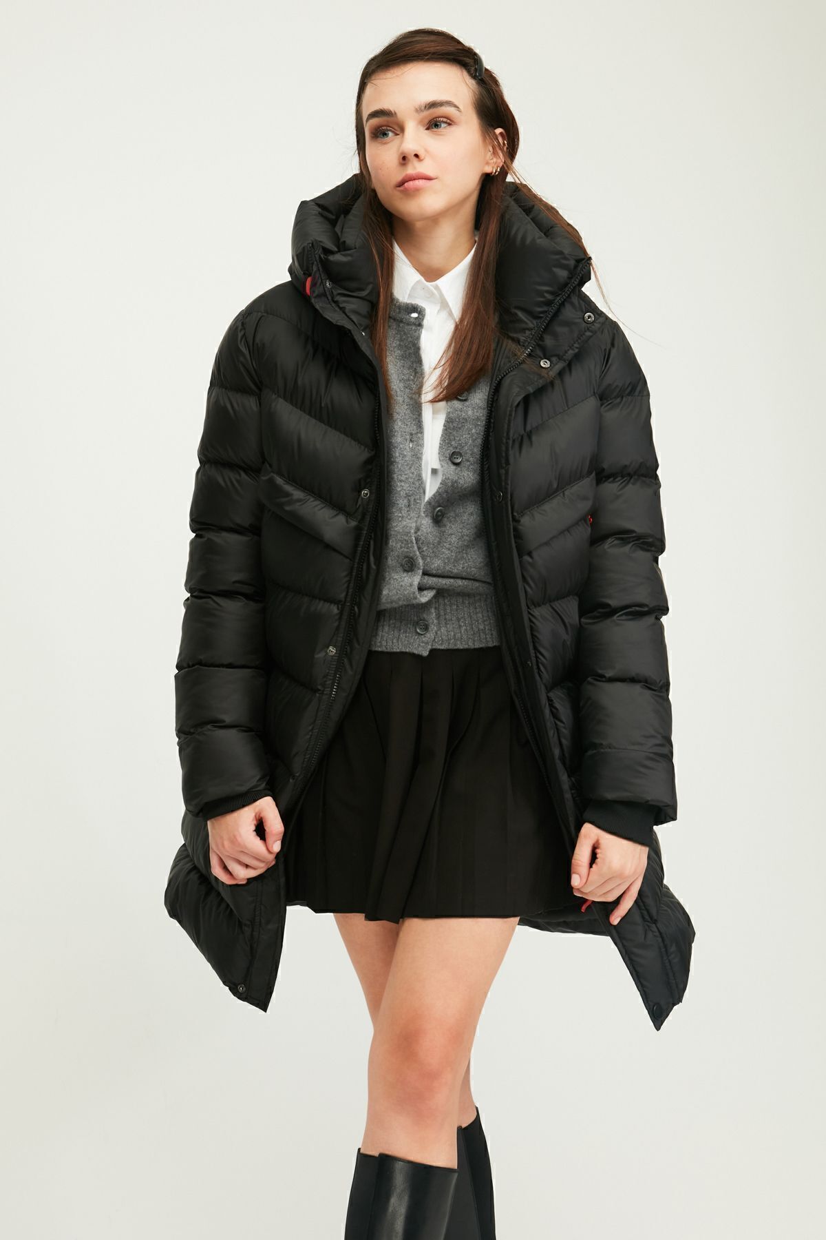 QAWWA-Schwarzer, aufblasbarer, winddichter, langer Winterparka-Mantel mit Kapuze 3