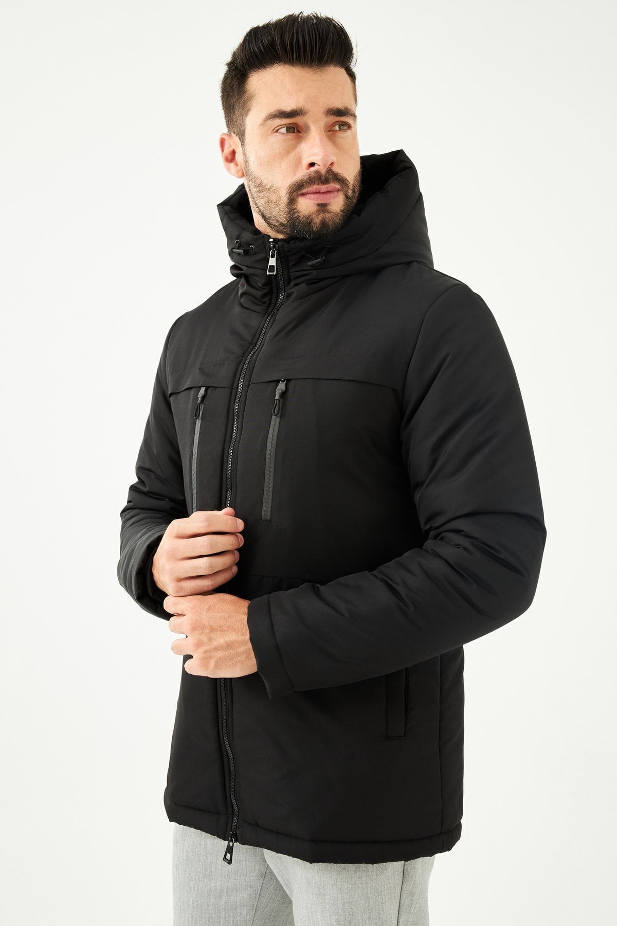 Goccix-Pánský černý zimní sportovní kabát, kabát a parka s kapucí a silnou podšívkou 2