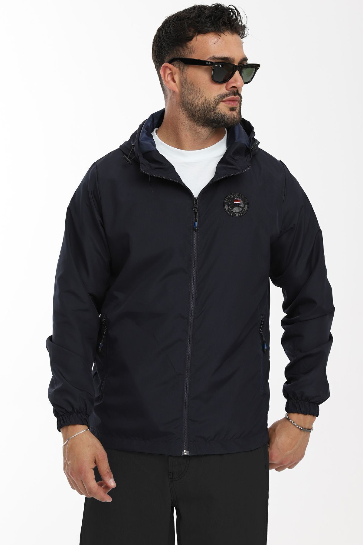 river green  Erkek Astarlı Rüzgara Dayanıklı Kapüşonlu Lacivert Yağmurluk - Rüzgarlık - Görsel 3