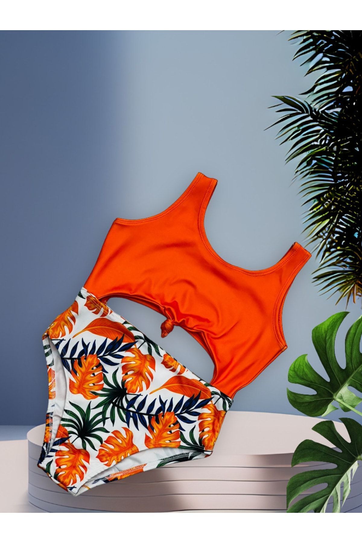 Girls Belly Tie Detailed Orange Color Tropical Amazon Leaf Detailed Swimwear / Swimsuit