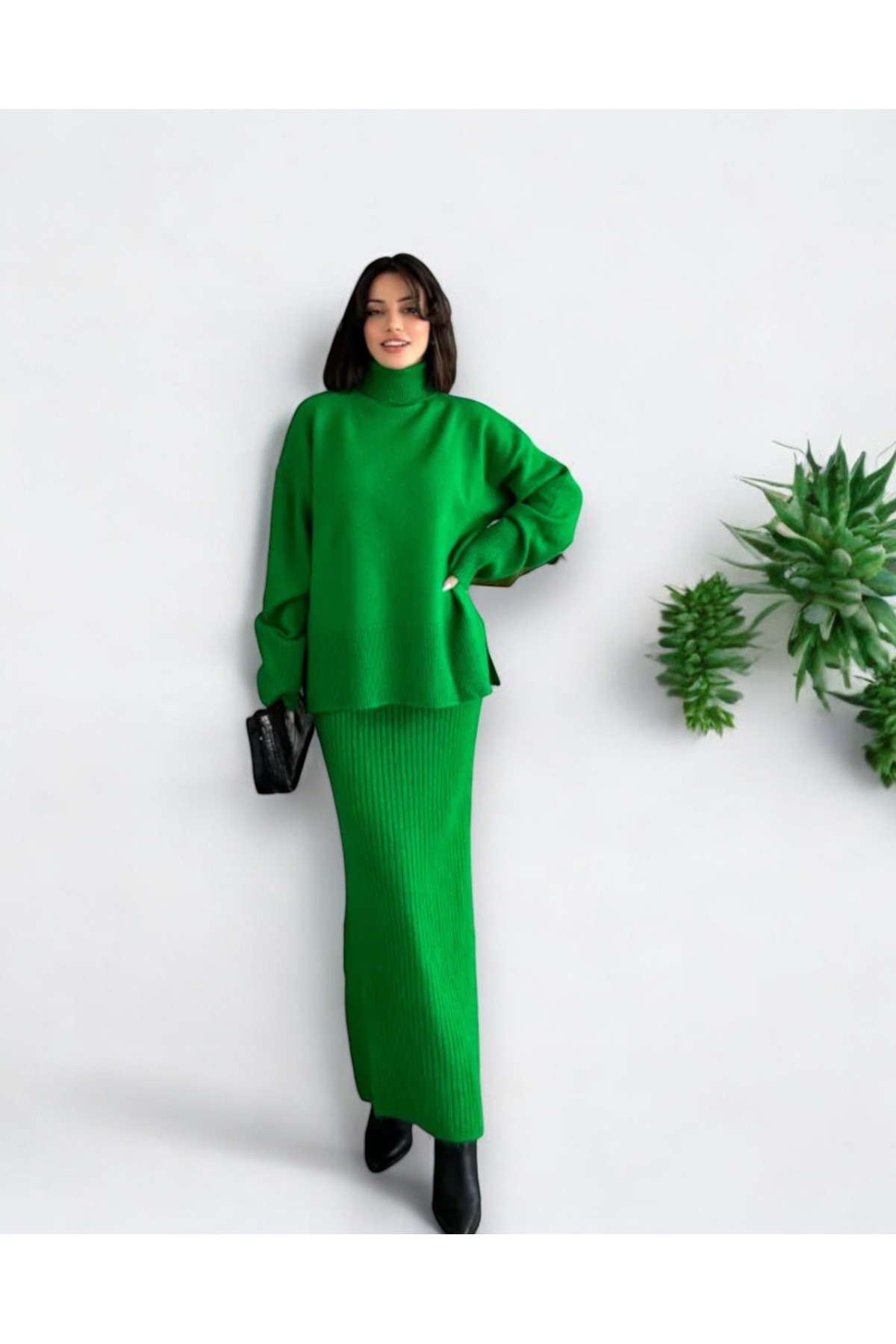 New Season Turtleneck Benetton Green Sweater Skirt Bottom Top Knitwear Set