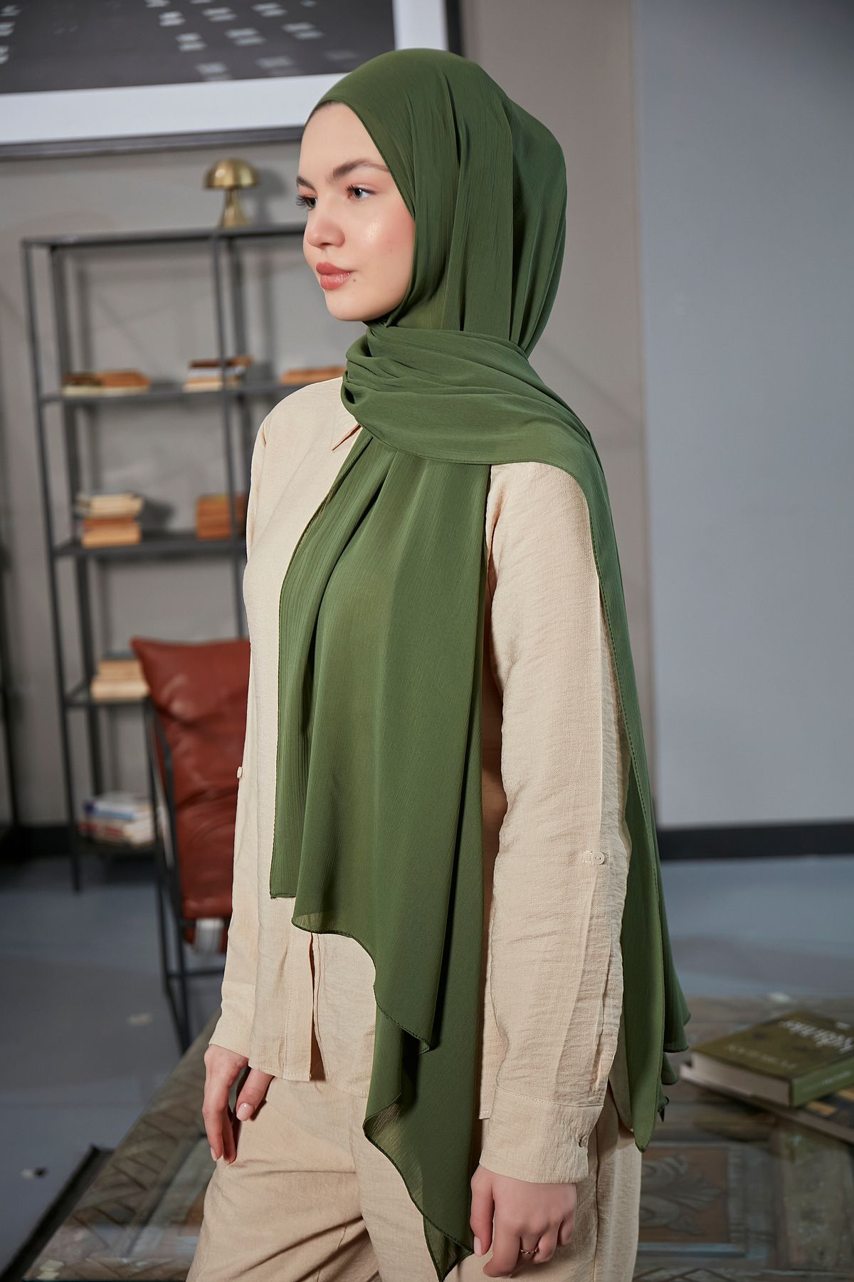 Scarf-Arya Crinkle Chiffon Shawl - Khaki Color 2