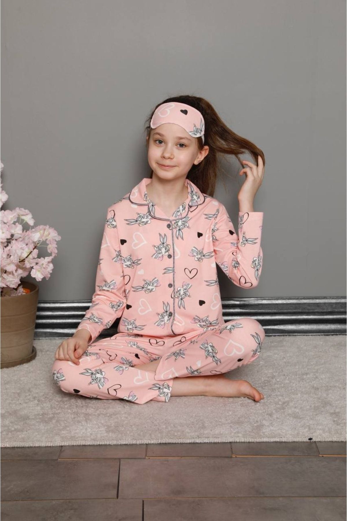 Lolliboomkids Kız Çocuk Uzun Kulak Tavşan Bunny Desen Pembe Renk Düğmeli Pijama Takımı fotoğrafı 2 (önizleme)