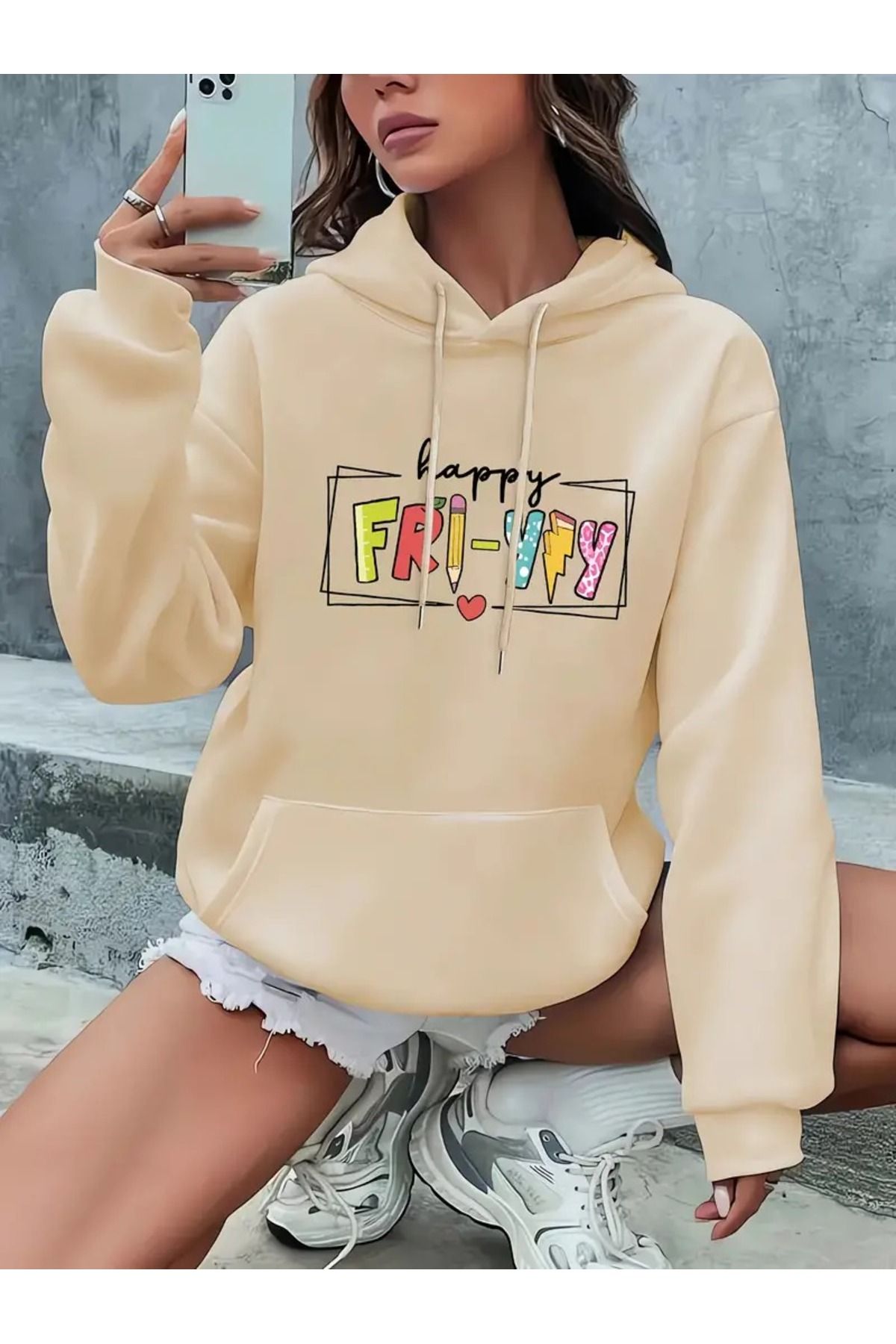 PALPİTO Bej Happy Fri Printed - Hanorac Pentru Femei Cu Glugă Cu 3 Fire Femeie - XL