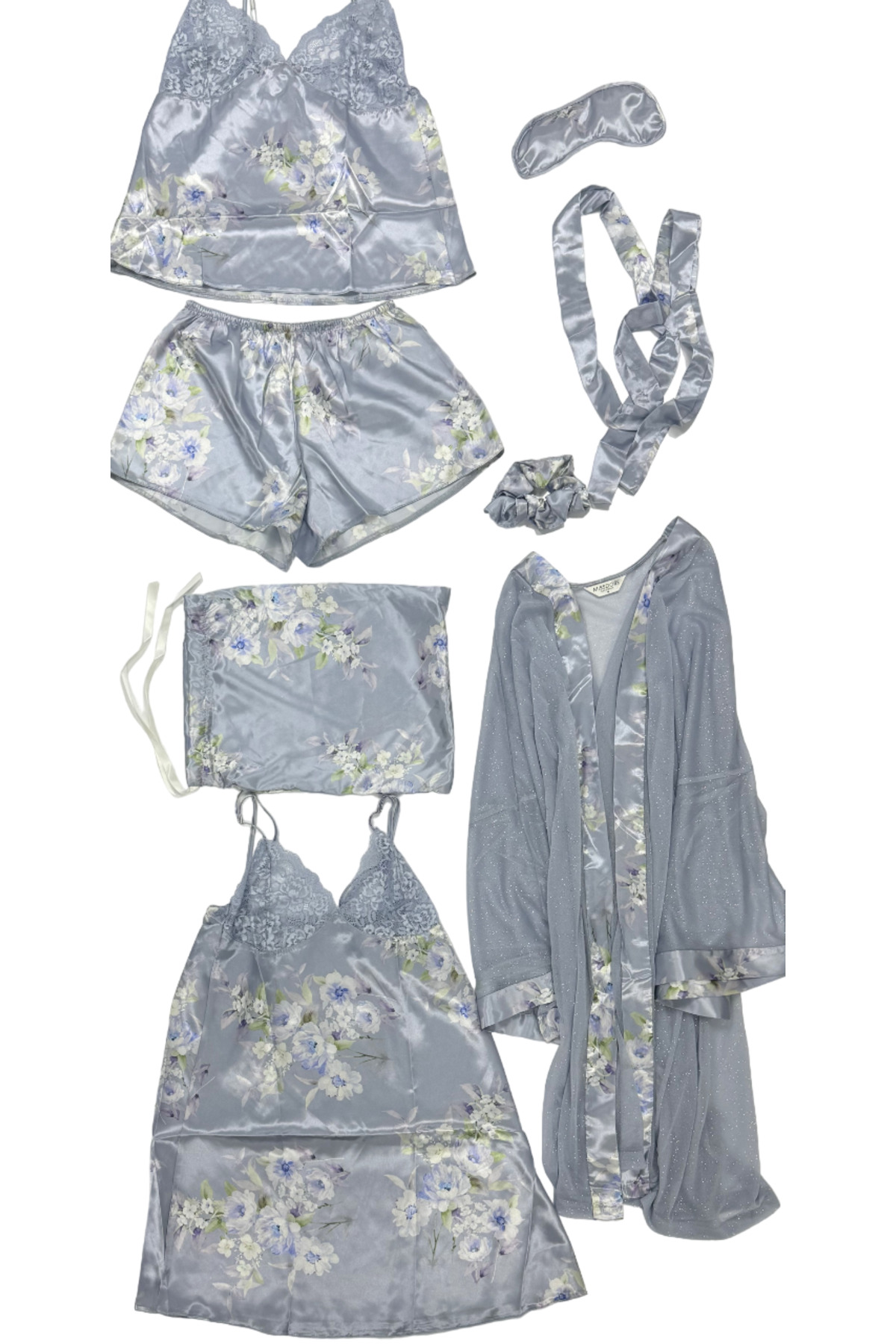 HitDukkan Mıssdore Saten Çiçek Desenli 7 Parça Mavi Gecelik,pijama Takımı