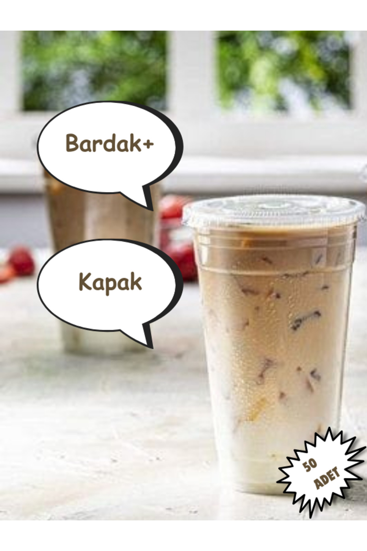 12 Oz (350 ML) Plastik Pet Milkshake Limonata Bardak Delik Kapak 50 Adet — Koksal Pack — Ev Tüketim Malzemesi