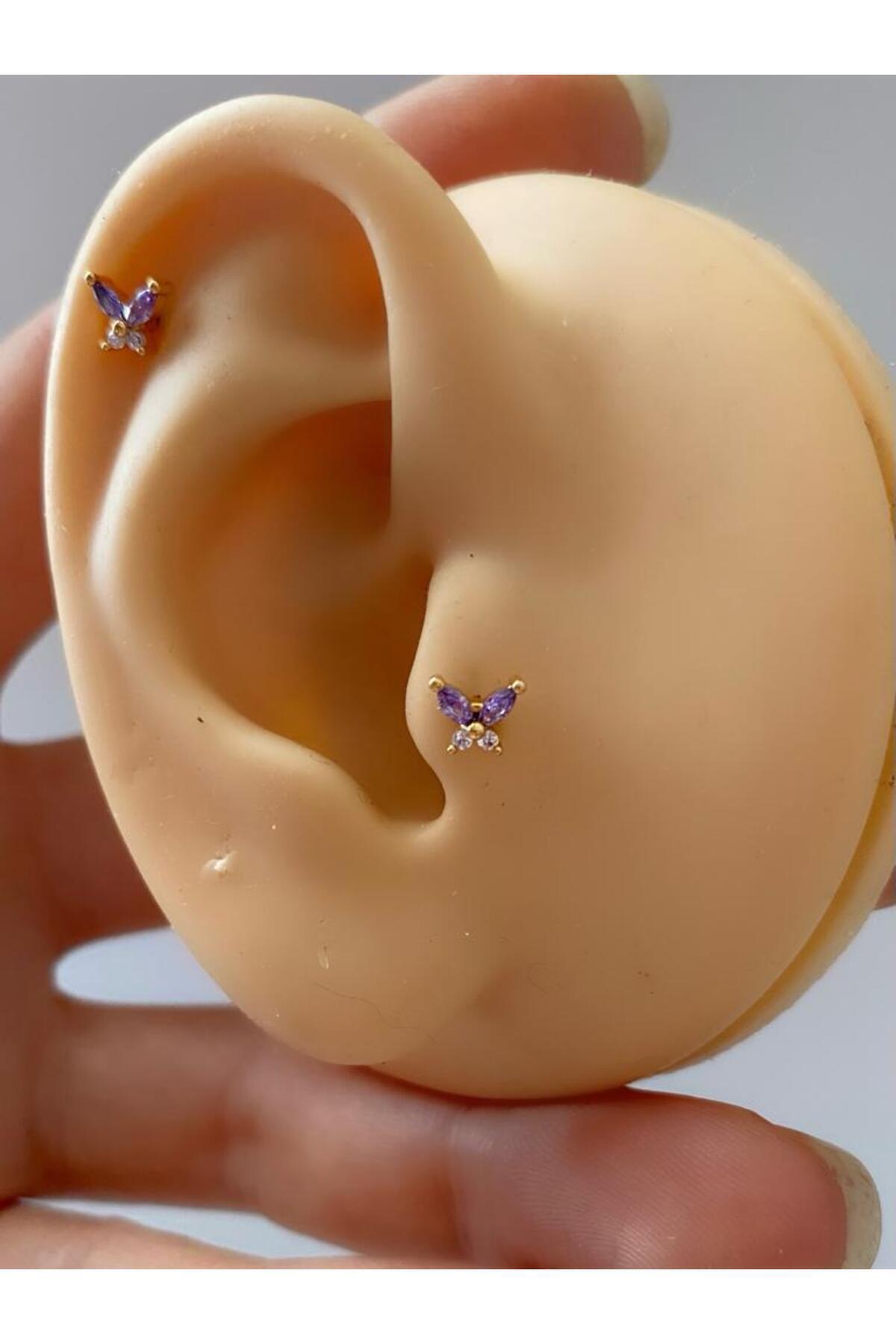zirkon taşlı kelebek tragus helix (kıkırdak) conch kulak memesi ( lobe) uyumlu piercing