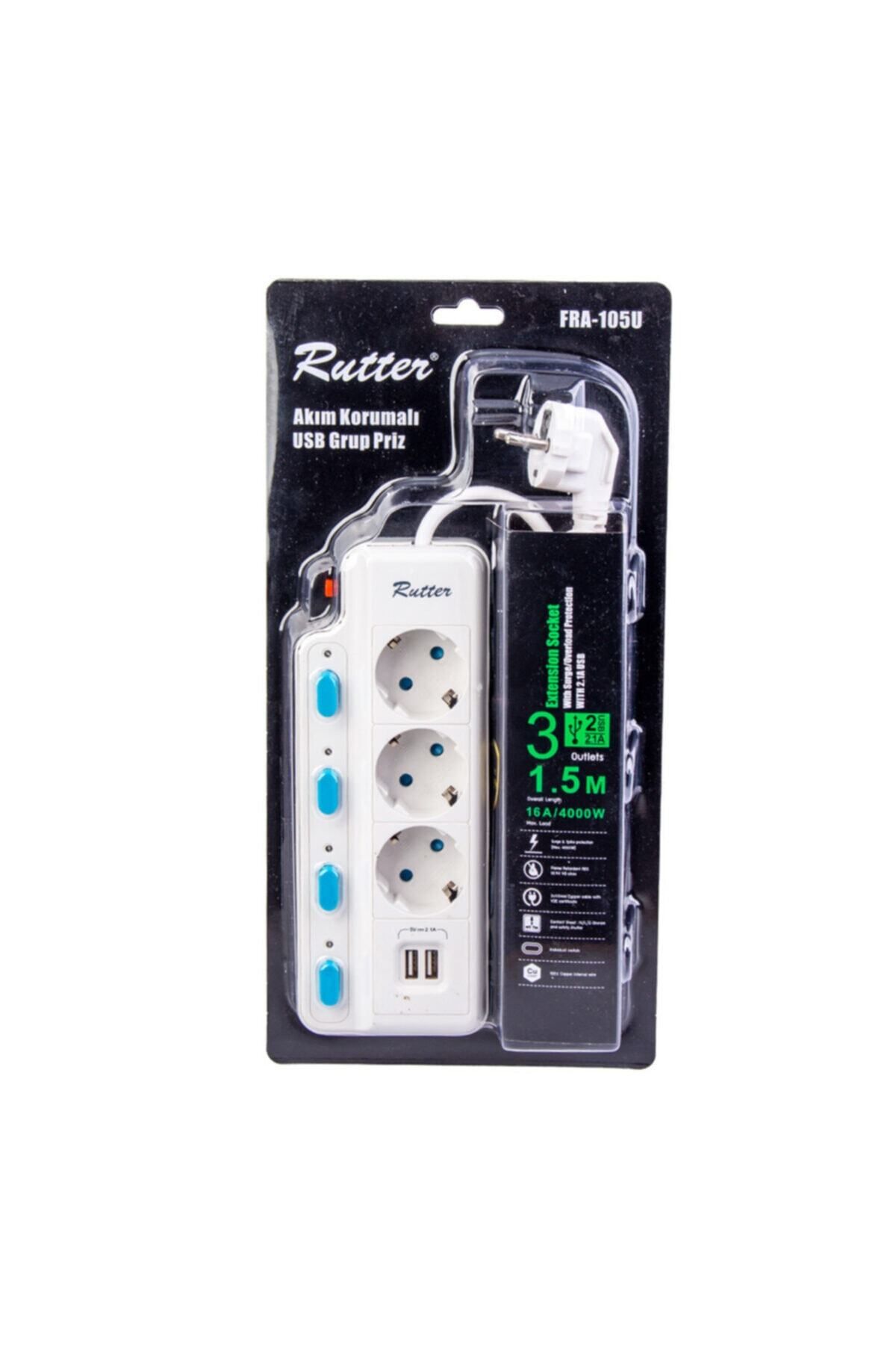 RUTTER-Current Protected 3-Plug Socket Double USB 5 Switch 1.5m Fra-105u 2
