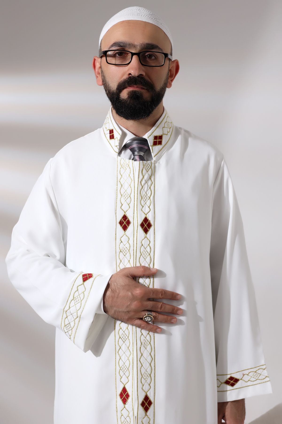 ihvanonline-Model alb pentru rochie de rugăciune pentru bărbați Guler judecător brodat İmam Cube 6