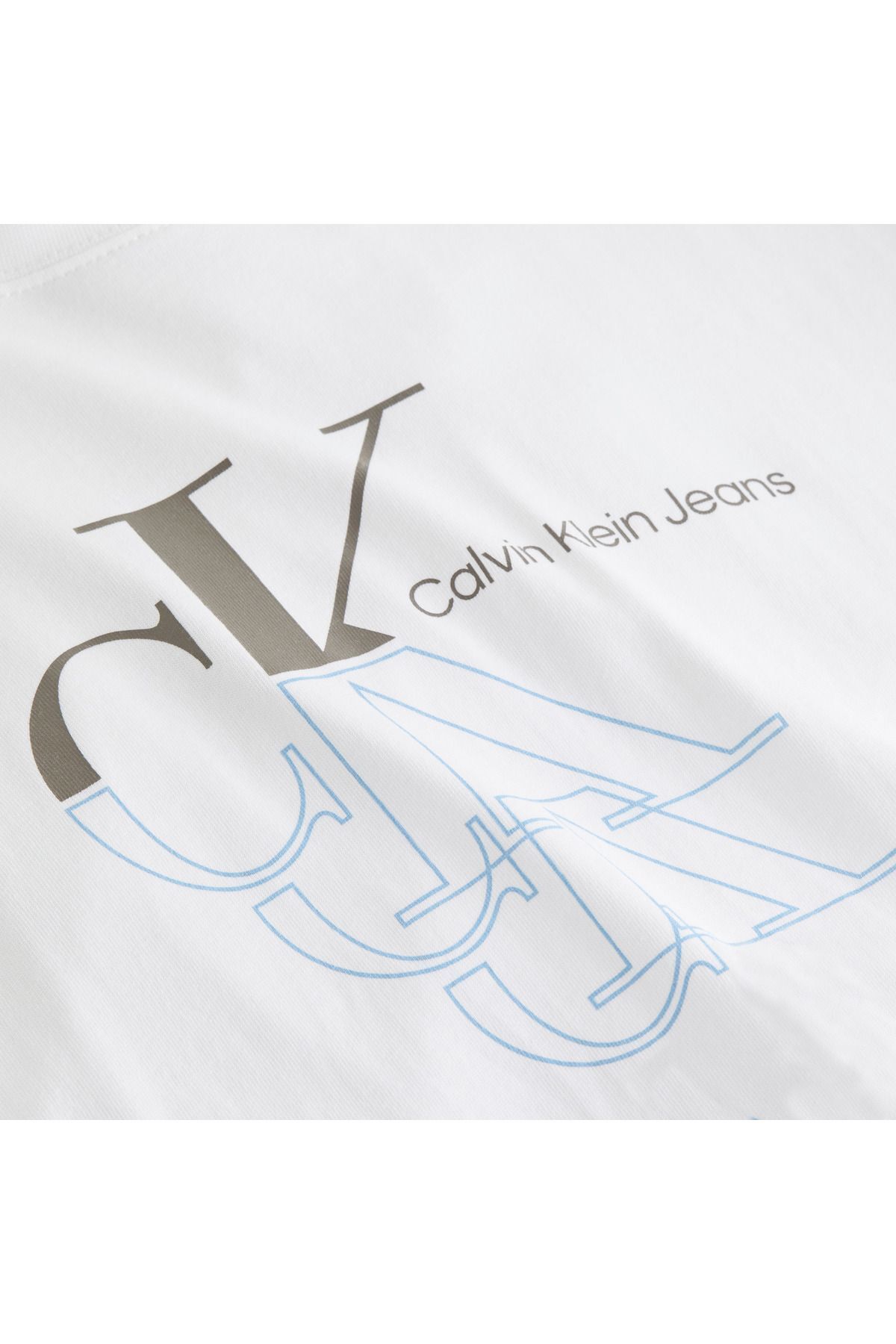 تی شرت سفید مردانه یقه دوچرخه پنبه ارگانیک با آرم آستین کوتاه J30J325352 Affama Calvin Klein