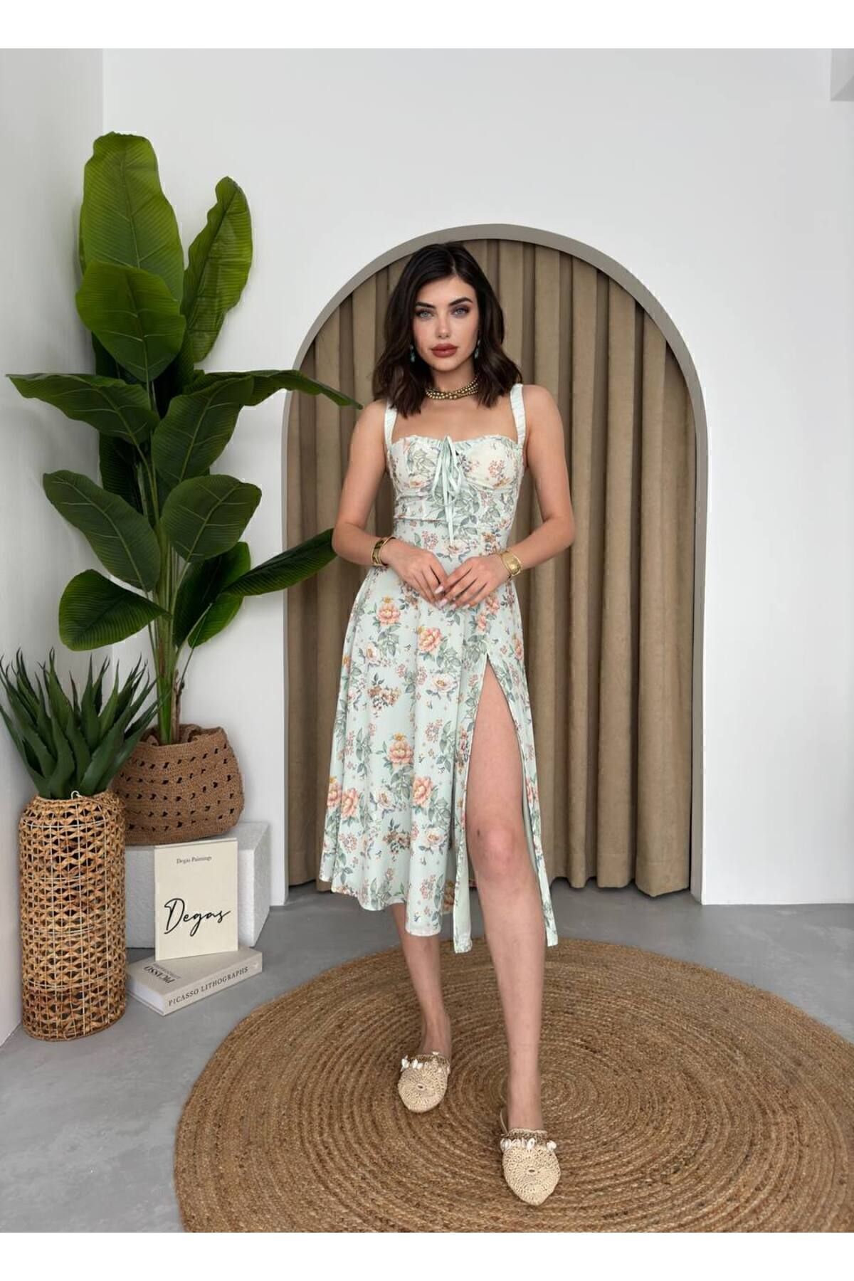 BENDİSTAR BUTİK-Motiv Floral Verde Menta - Rochie Midi fara bretele cu cravata pe piept 5