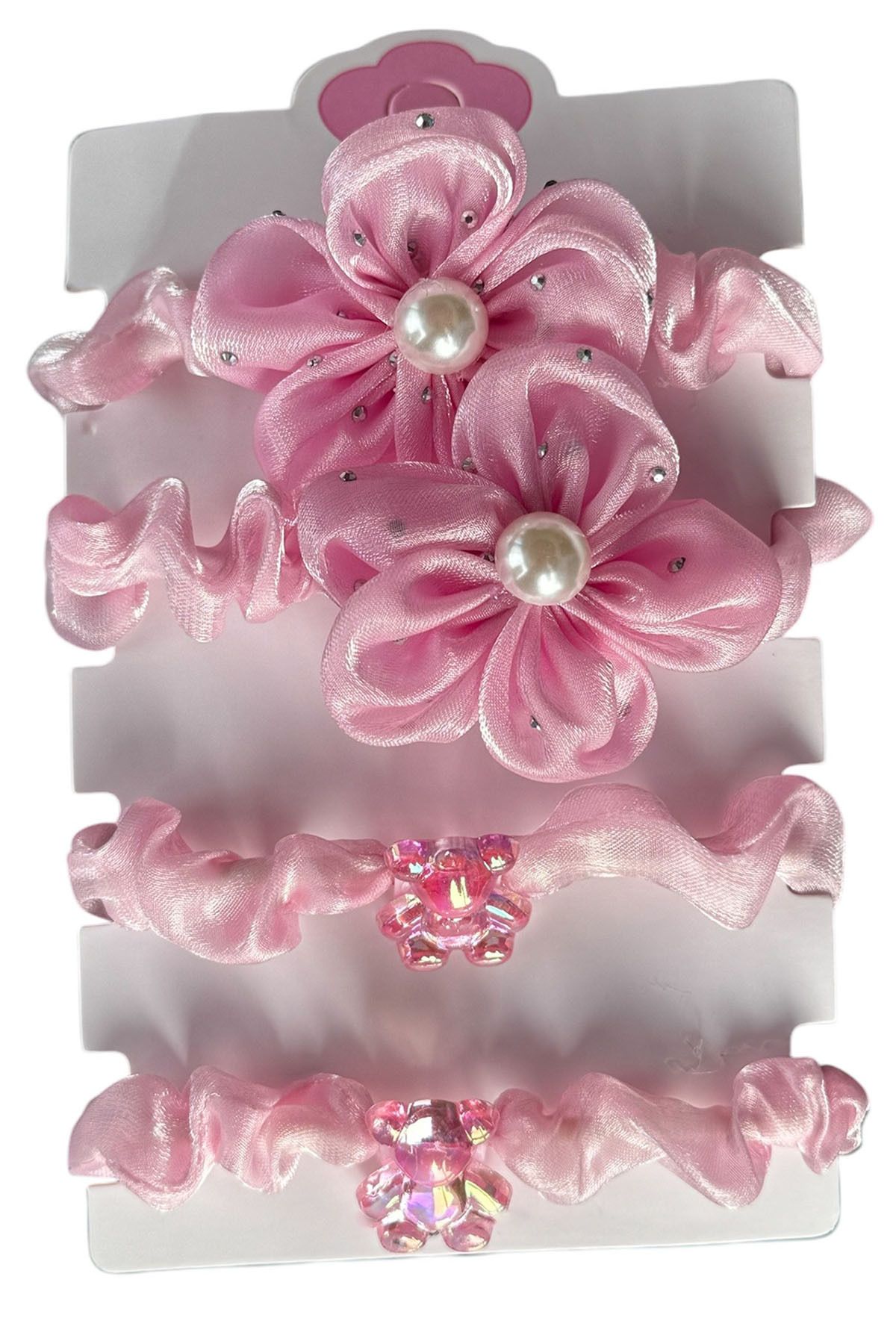 TAKIŞTIR-Pink Color Flower Figured Teddy Bear Detailed Set of 4 Bagel Buckles 2