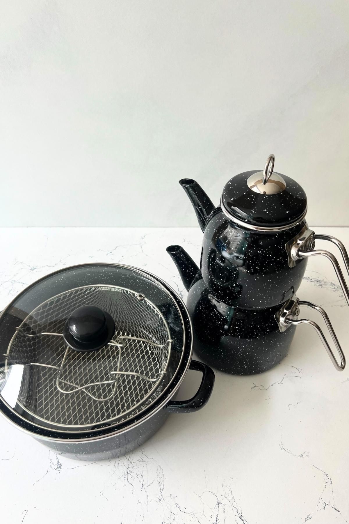 Midnight Dalmaçya - Emaye Çaydanlık Ve 18 Cm Kızartma Tenceresi Seti