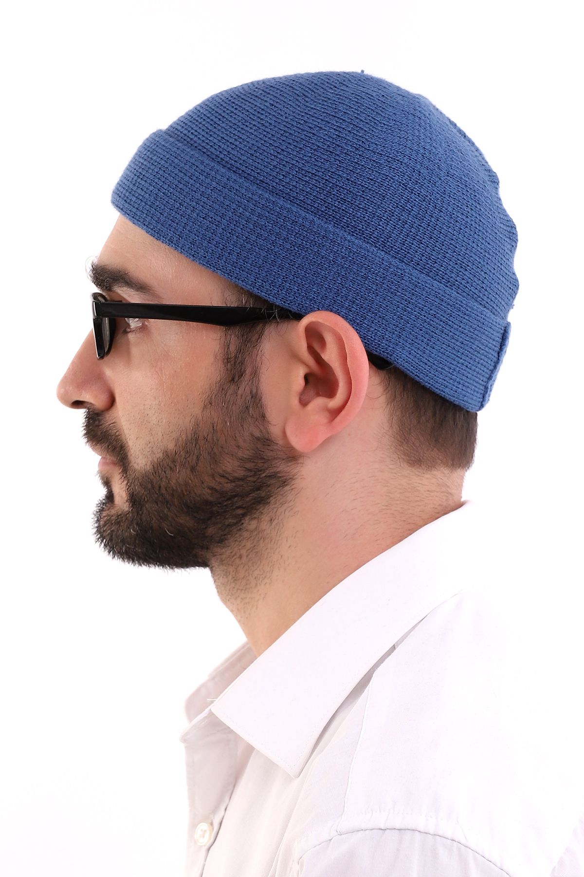 ihvanonline-Blue Folded Plain Pattern Winter Orlon Skullcap Hat 4
