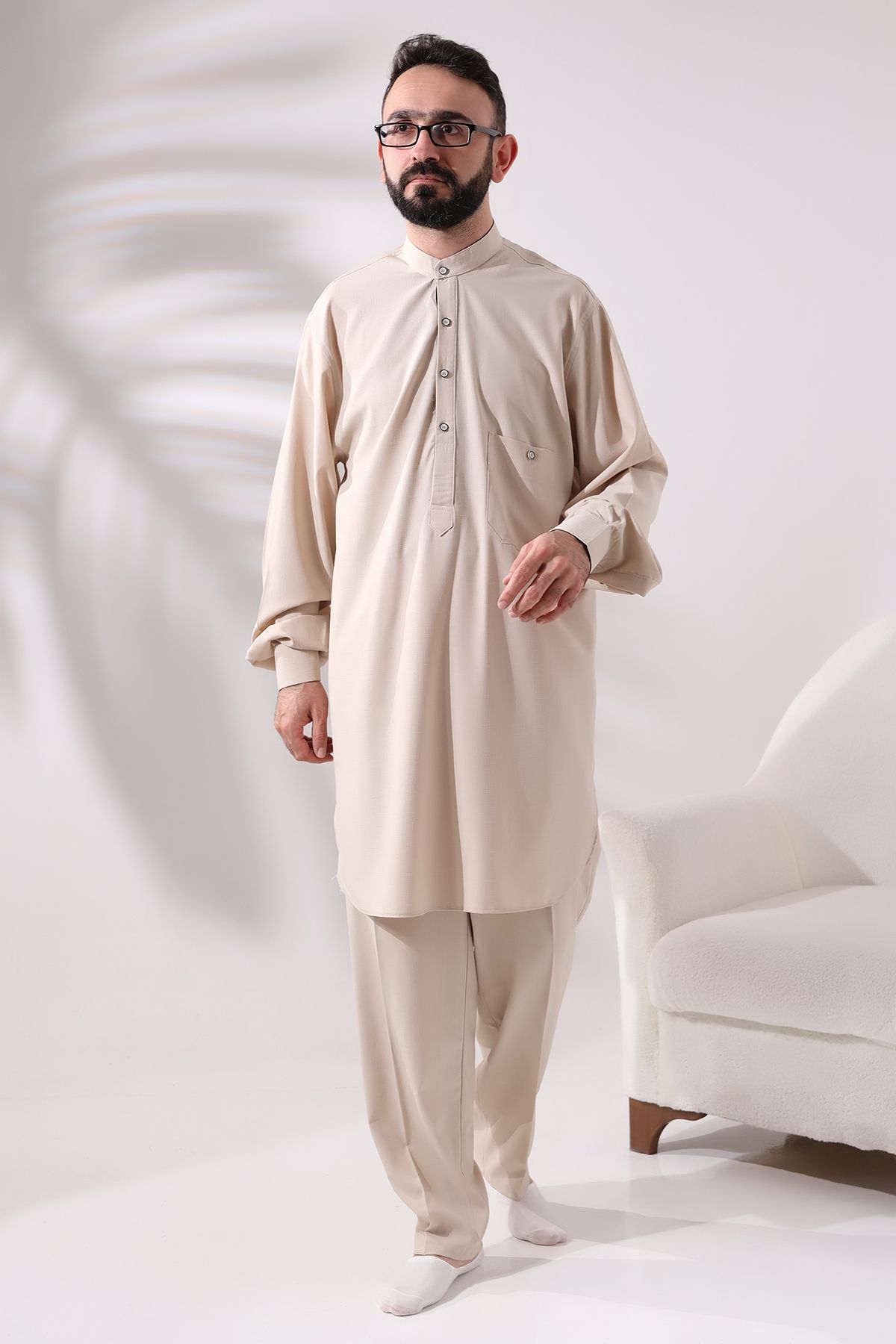 ihvanonline-Men's Viscose Afghan Suit - Berat Hajj and Umrah Clothing, Dark Cream 2