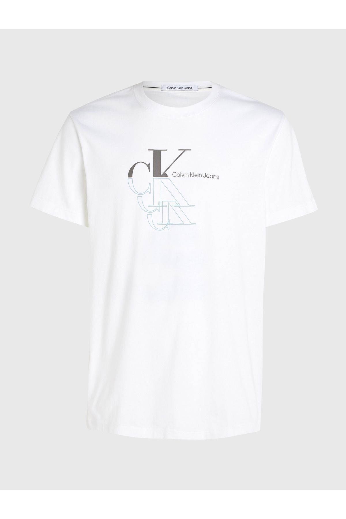 تی شرت سفید مردانه یقه دوچرخه پنبه ارگانیک با آرم آستین کوتاه J30J325352 Affama Calvin Klein