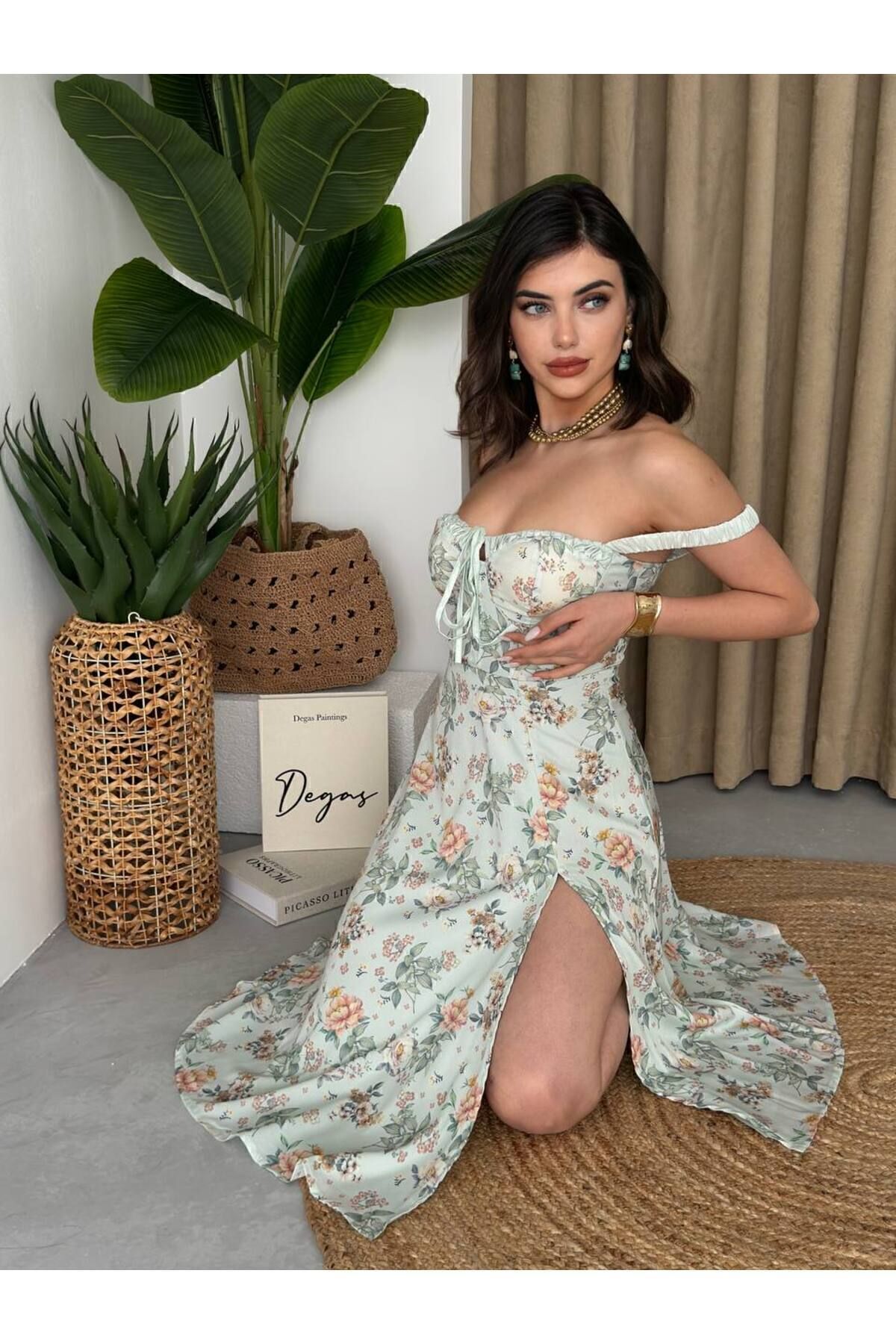 BENDİSTAR BUTİK-Motiv Floral Verde Menta - Rochie Midi fara bretele cu cravata pe piept 7
