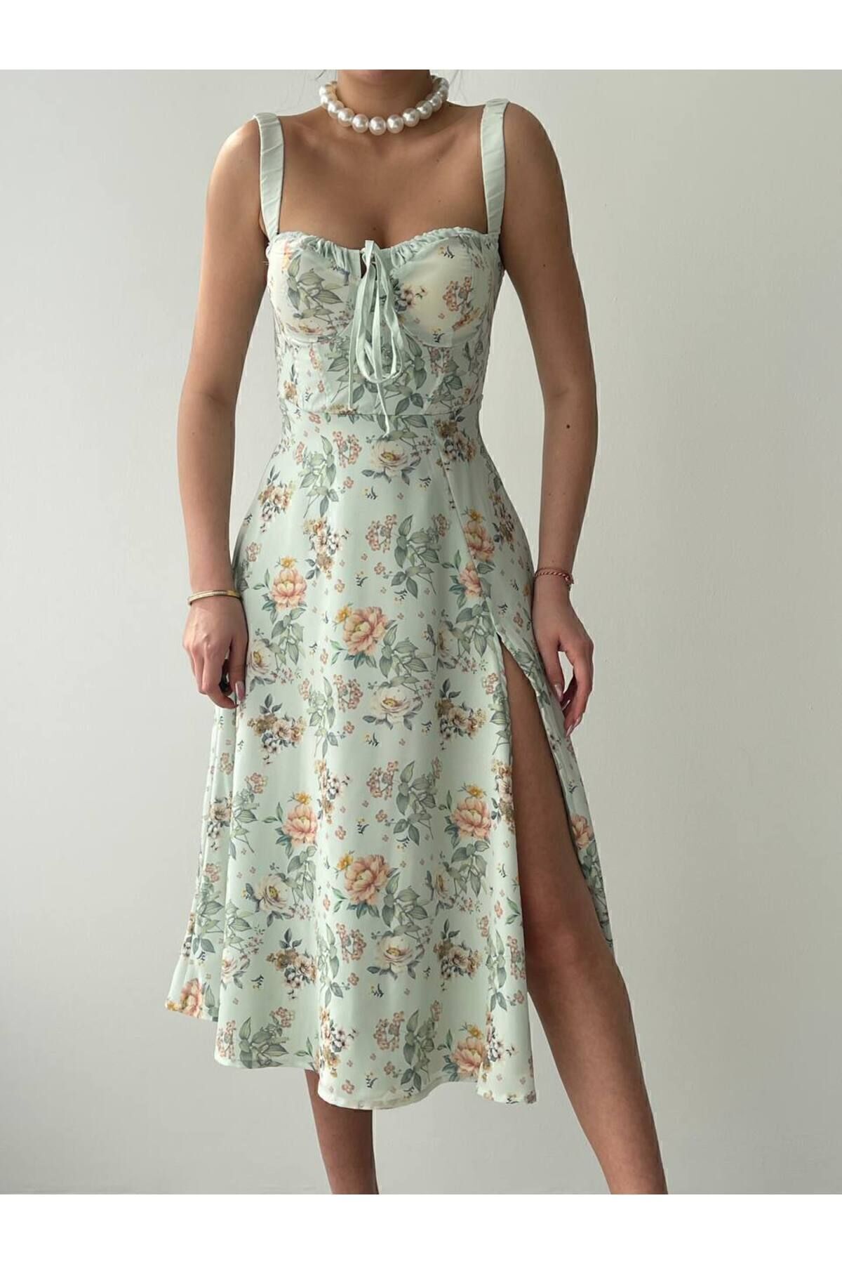 BENDİSTAR BUTİK-Motiv Floral Verde Menta - Rochie Midi fara bretele cu cravata pe piept 8